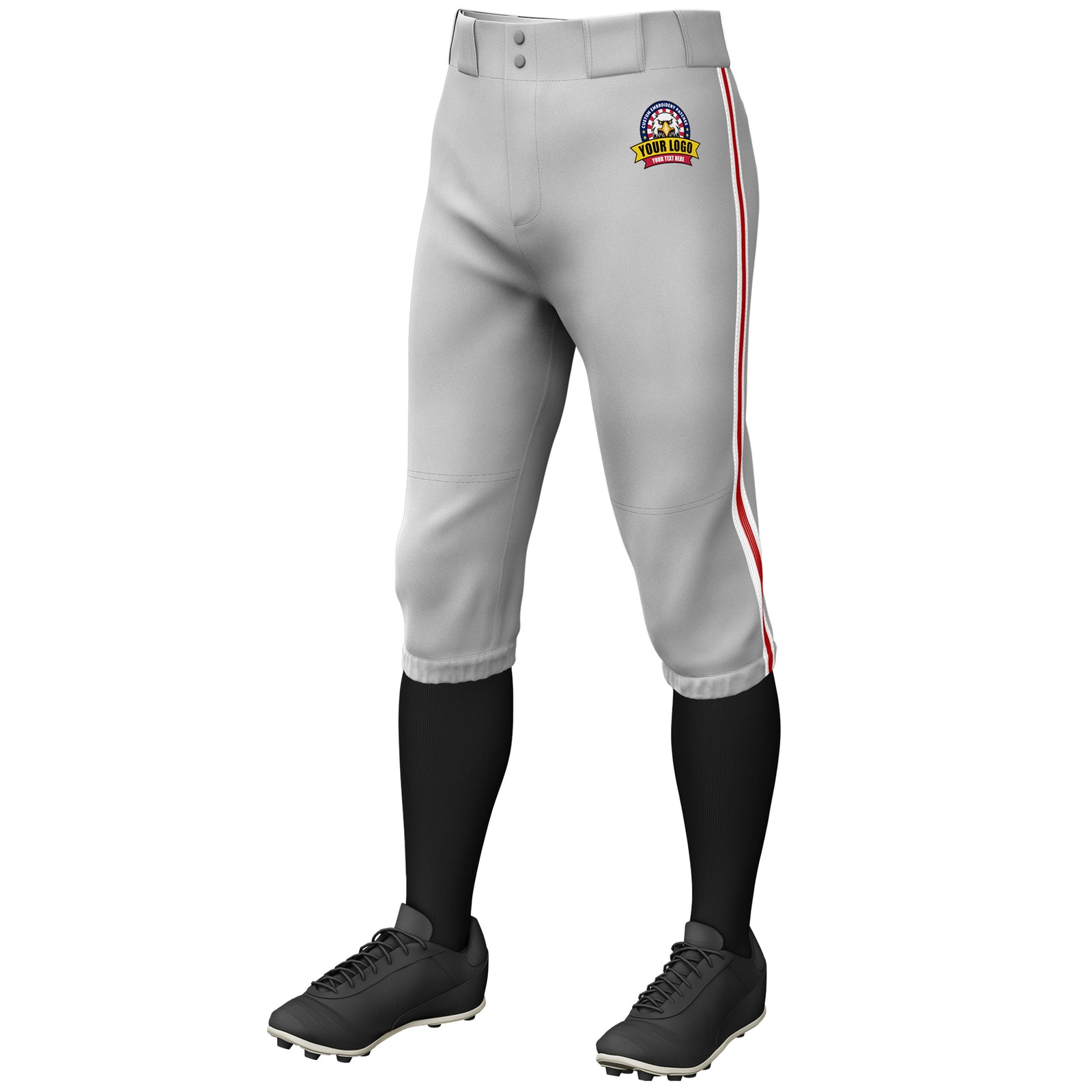 Custom Gray White Red-White Classic Fit Stretch Practice Knickers Baseball Pants