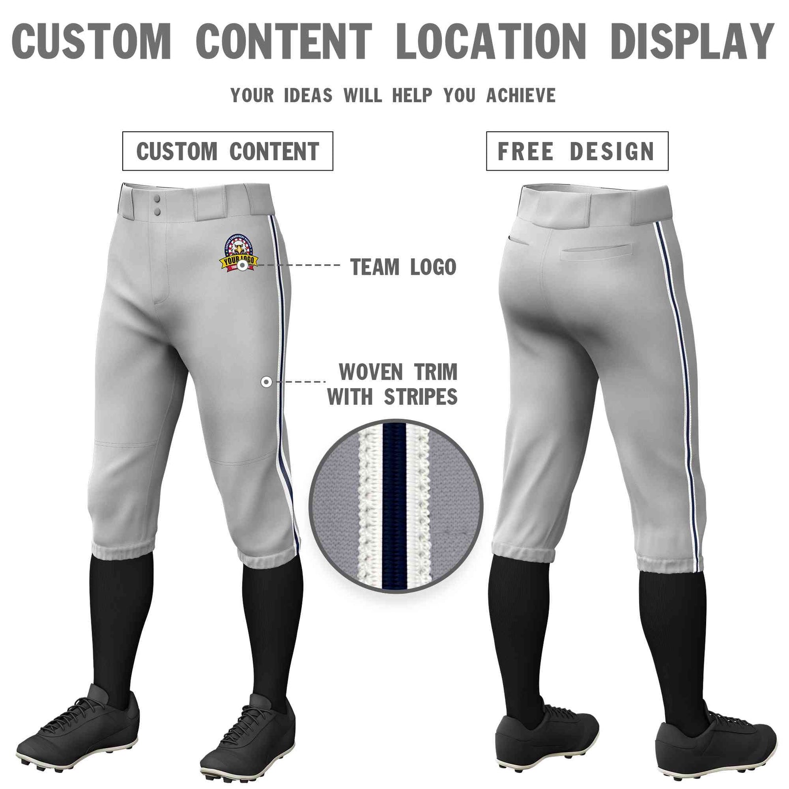 Custom Gray White Navy-White Classic Fit Stretch Practice Knickers Baseball Pants