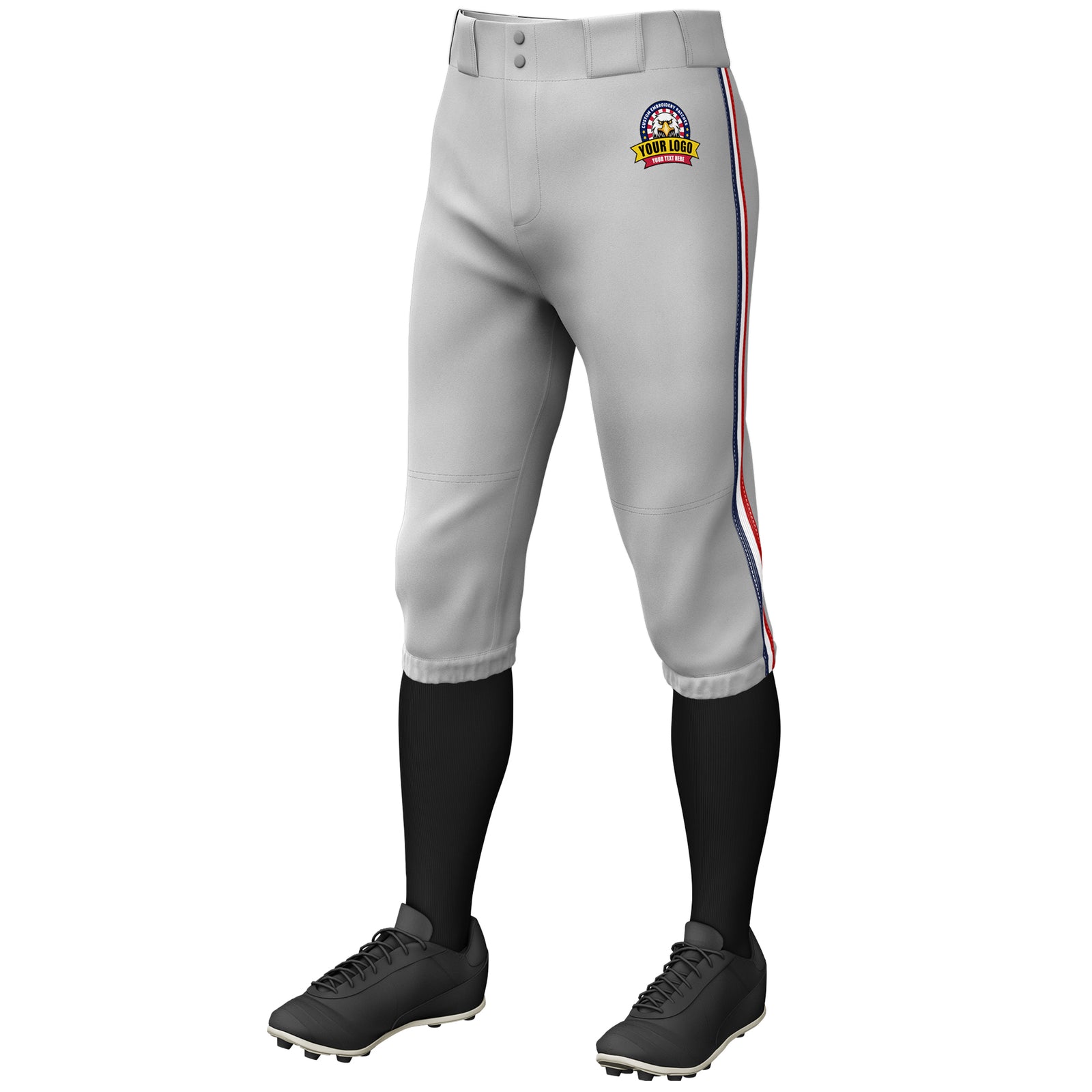 Custom Gray Navy White-Red Classic Fit Stretch Practice Knickers Baseball Pants
