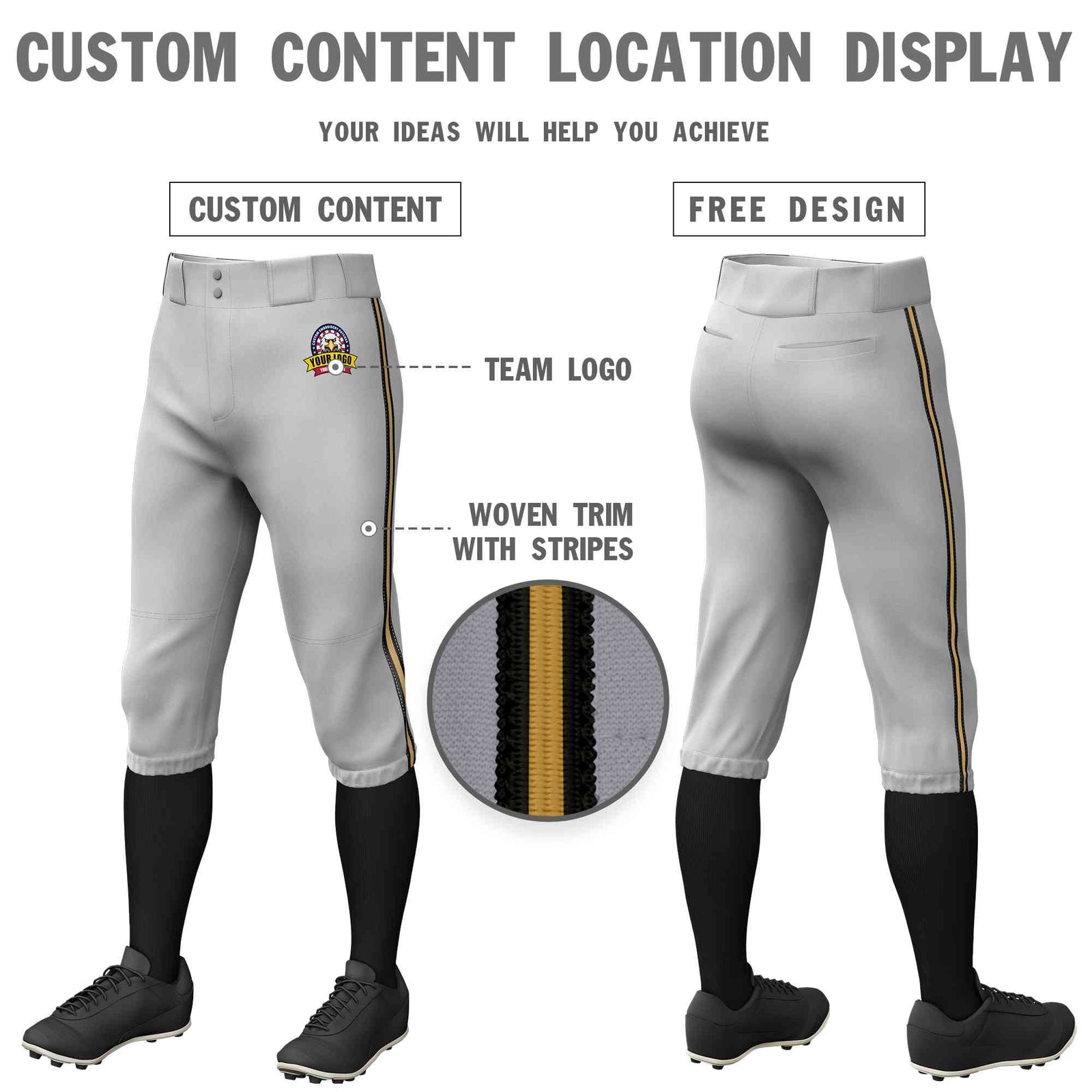 Custom Gray Black Old Gold-Black Classic Fit Stretch Practice Knickers Baseball Pants