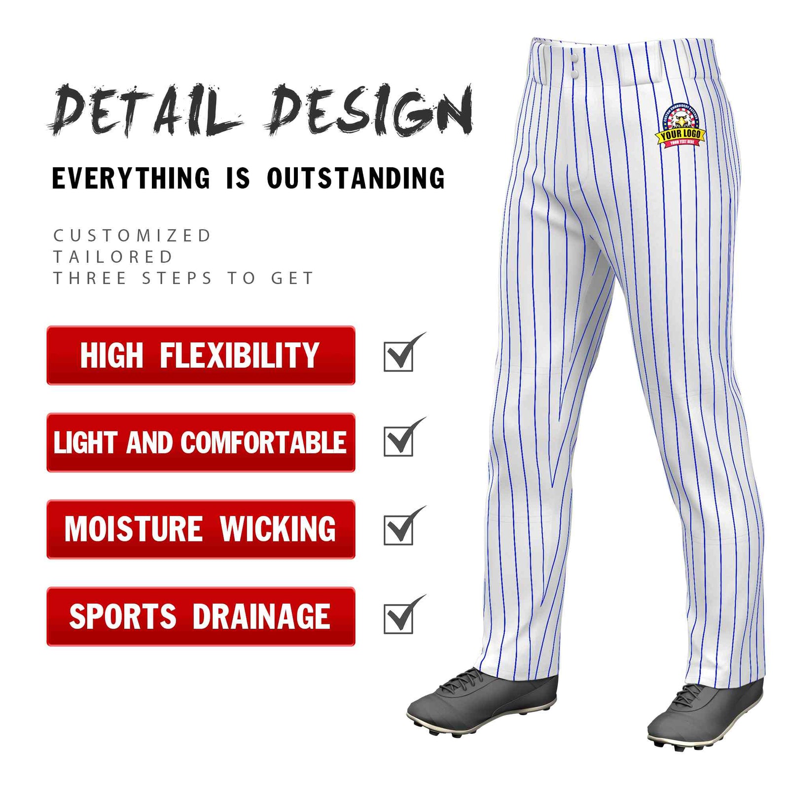 Custom White Royal Pinstripe Fit Stretch Practice Loose-fit Baseball Pants