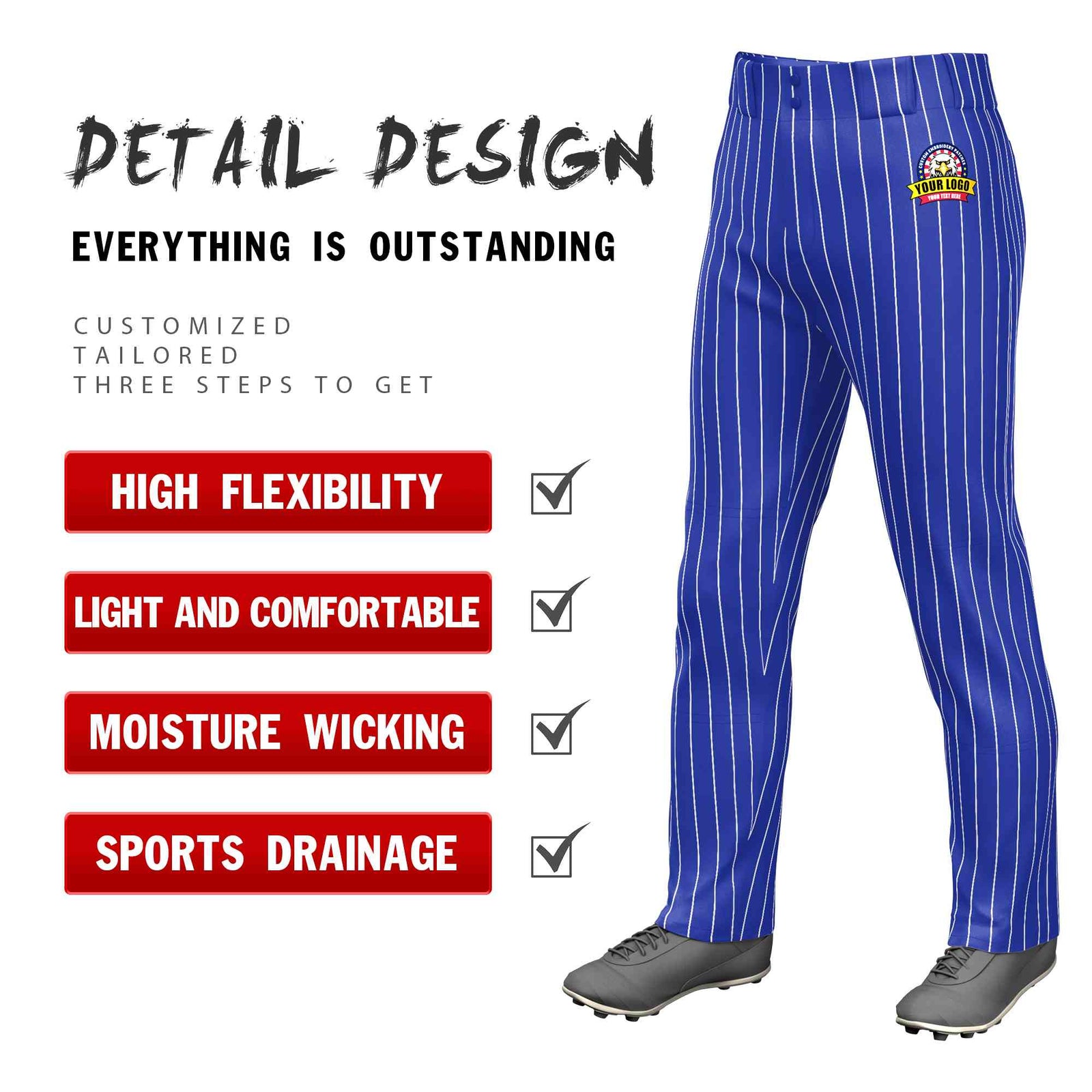 Custom Royal White Pinstripe Fit Stretch Practice Loose-fit Baseball Pants