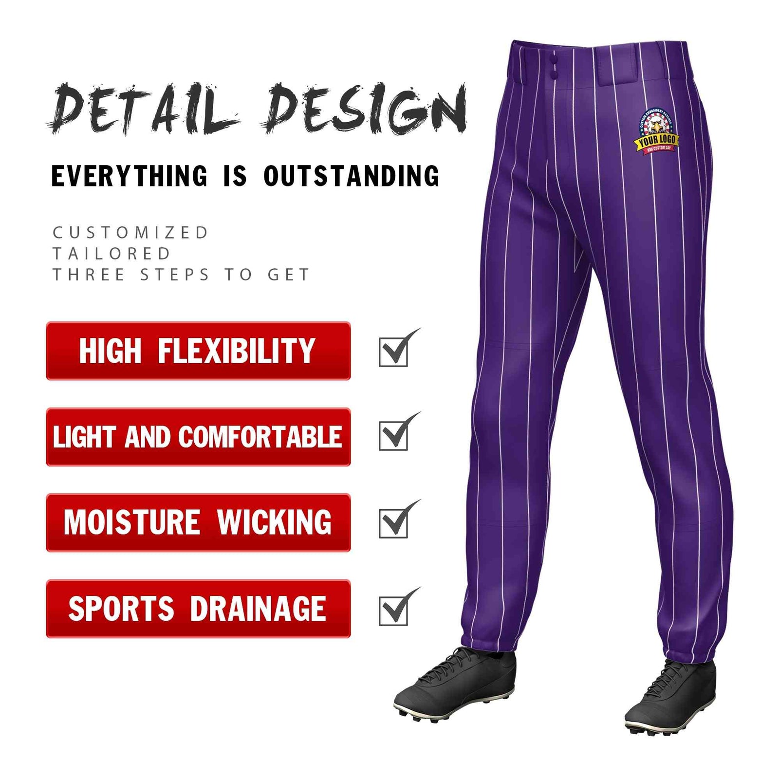 Custom Purple White Pinstripe Fit Stretch Practice Pull-up Baseball Pants