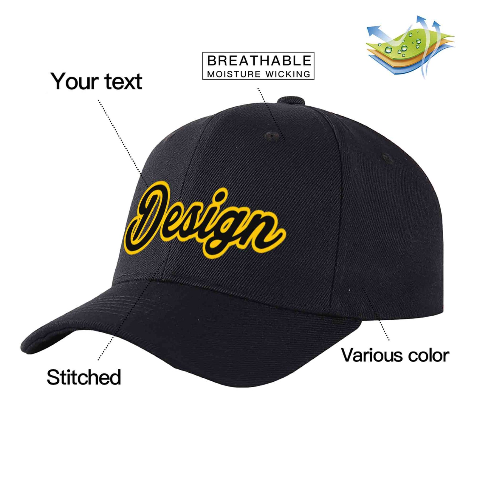 Custom Black Black-Gold 3D Puff Embroidery Flat Embroidery Curved Eaves Sport Design Baseball Cap