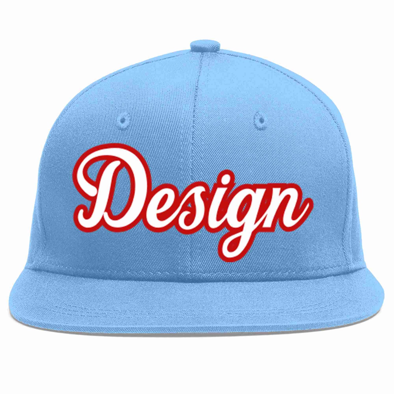 Custom Light Blue White-Red 3D Puff Embroidery Flat Eaves Sport Baseball Cap Design for Men/Women/Youth