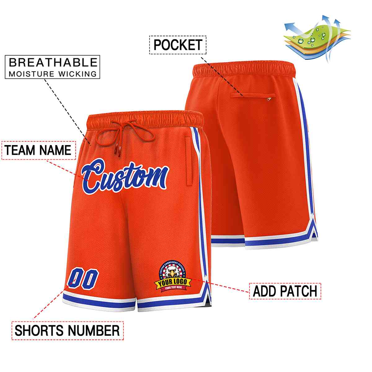 Custom Orange Royal-White Classic Style Basketball Mesh Shorts