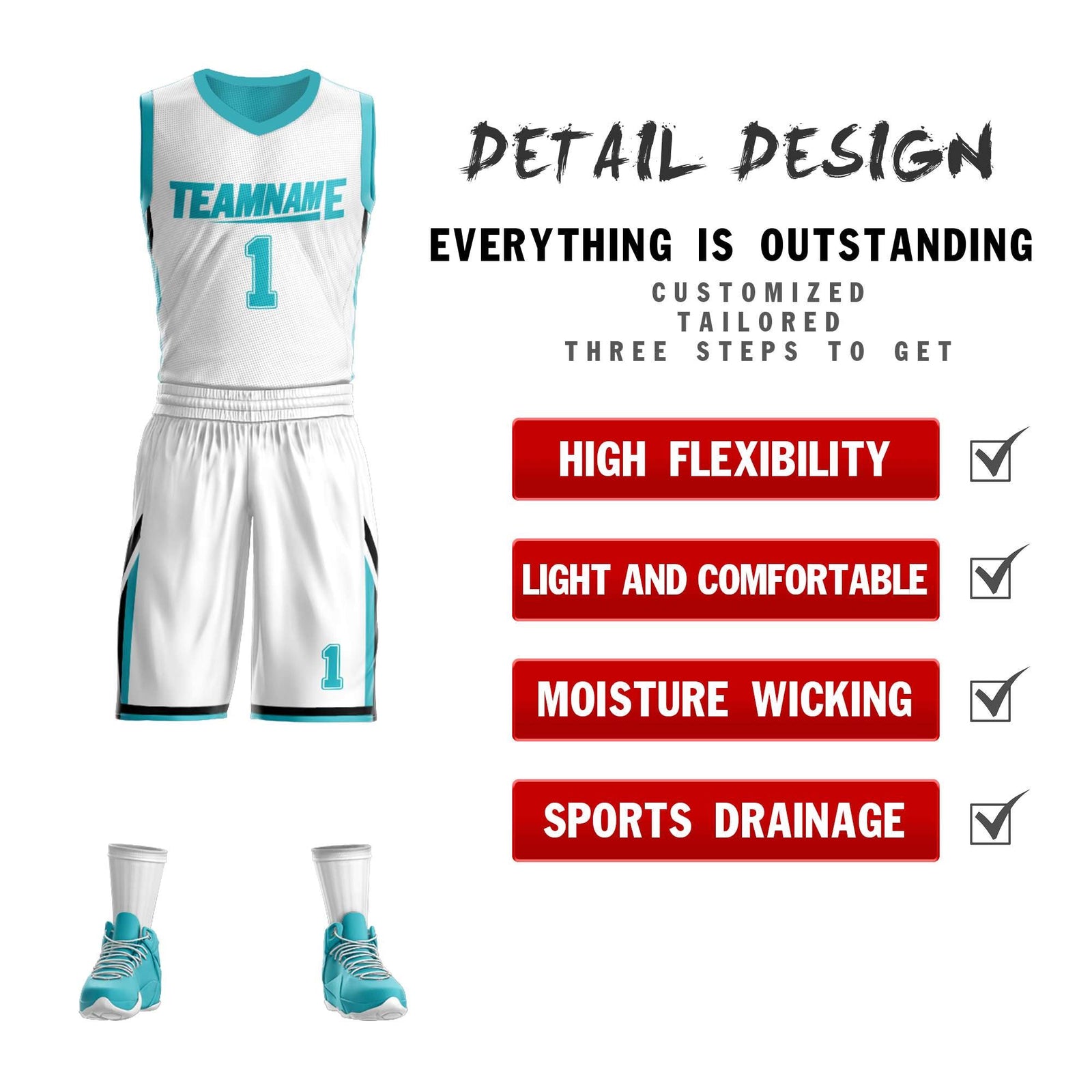 Custom White Teal Double Side Sets Design Sportswear Basketball Jersey