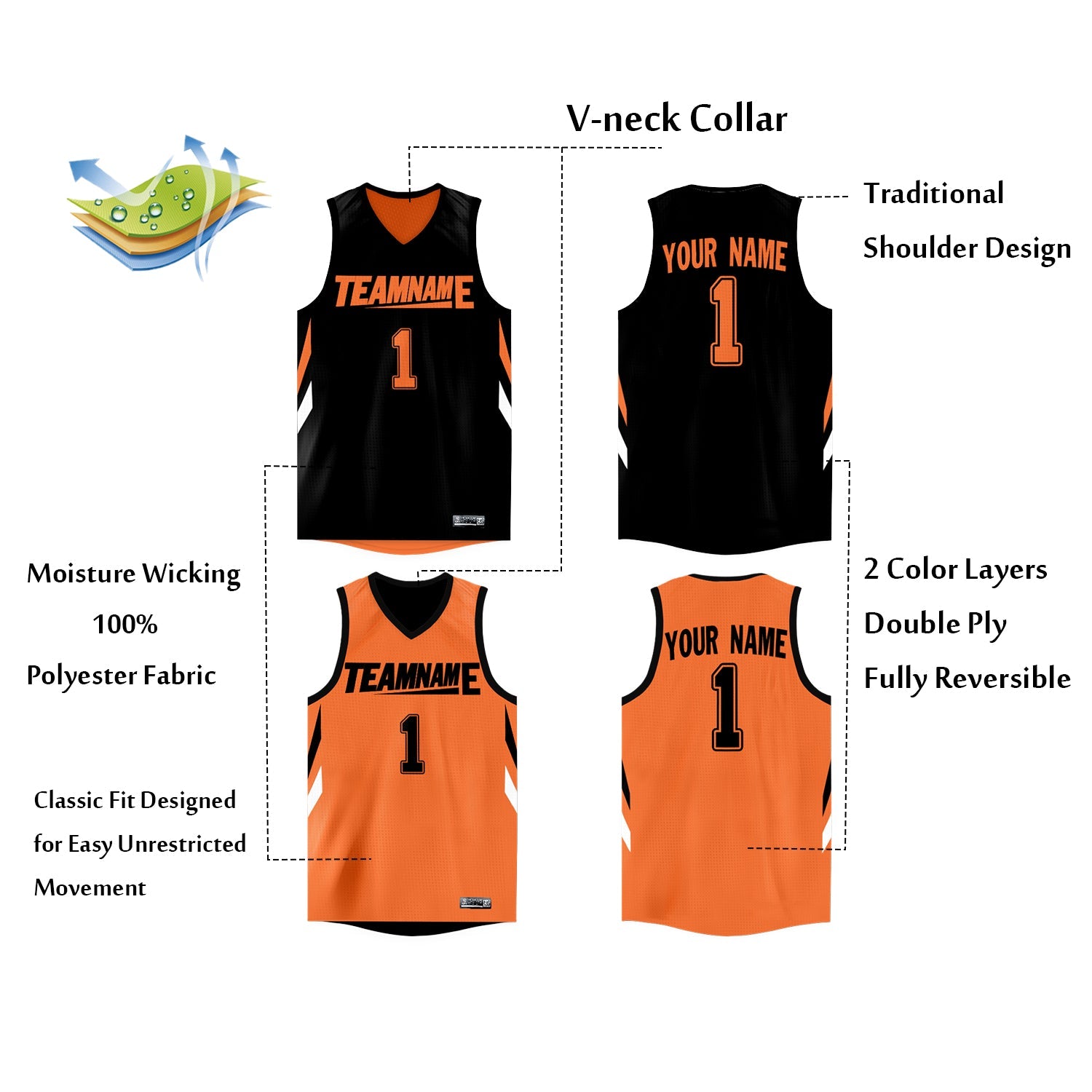 Custom Black Orange Double Side Tops Athletic Basketball Jersey