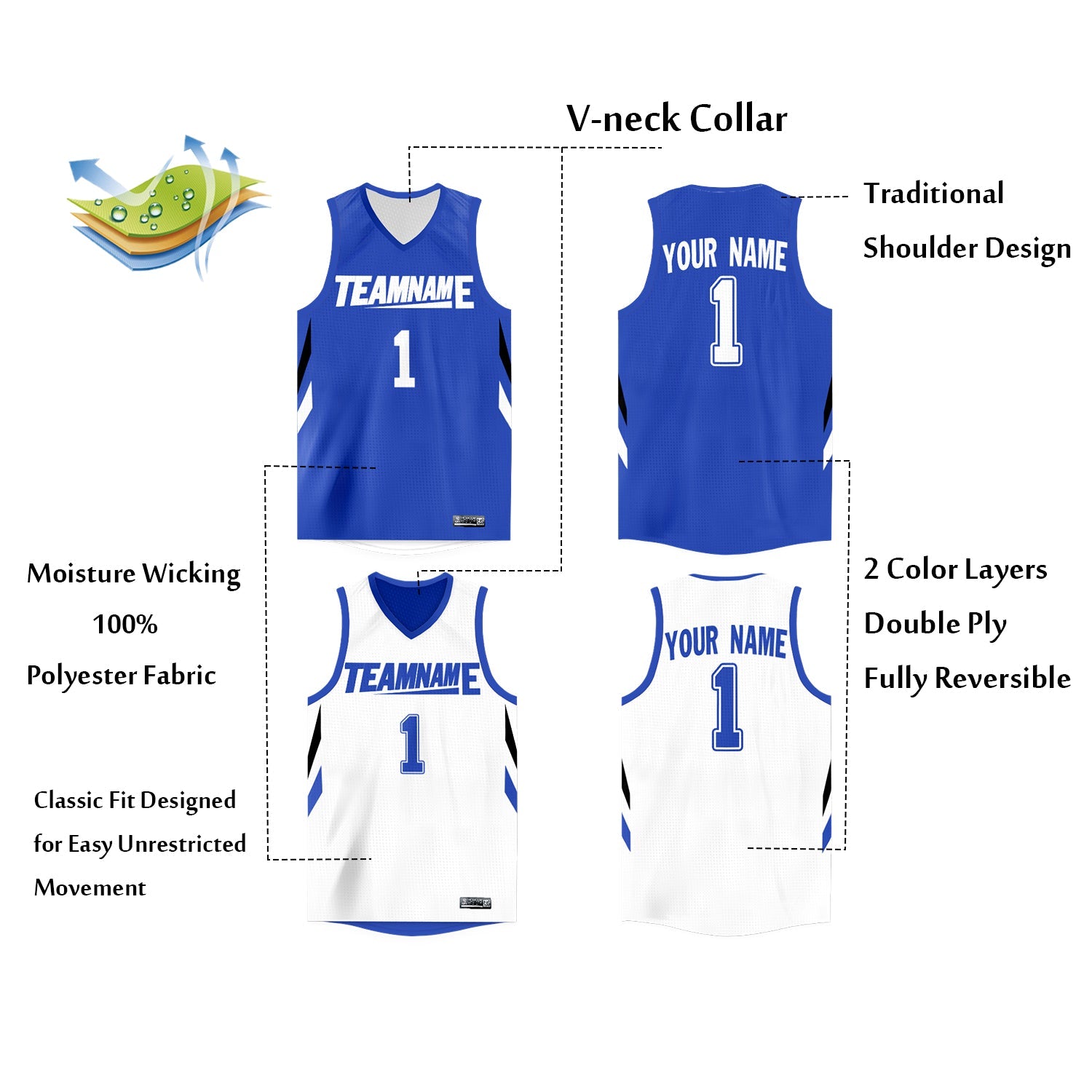 Custom Royal White Double Side Tops Athletic Basketball Jersey