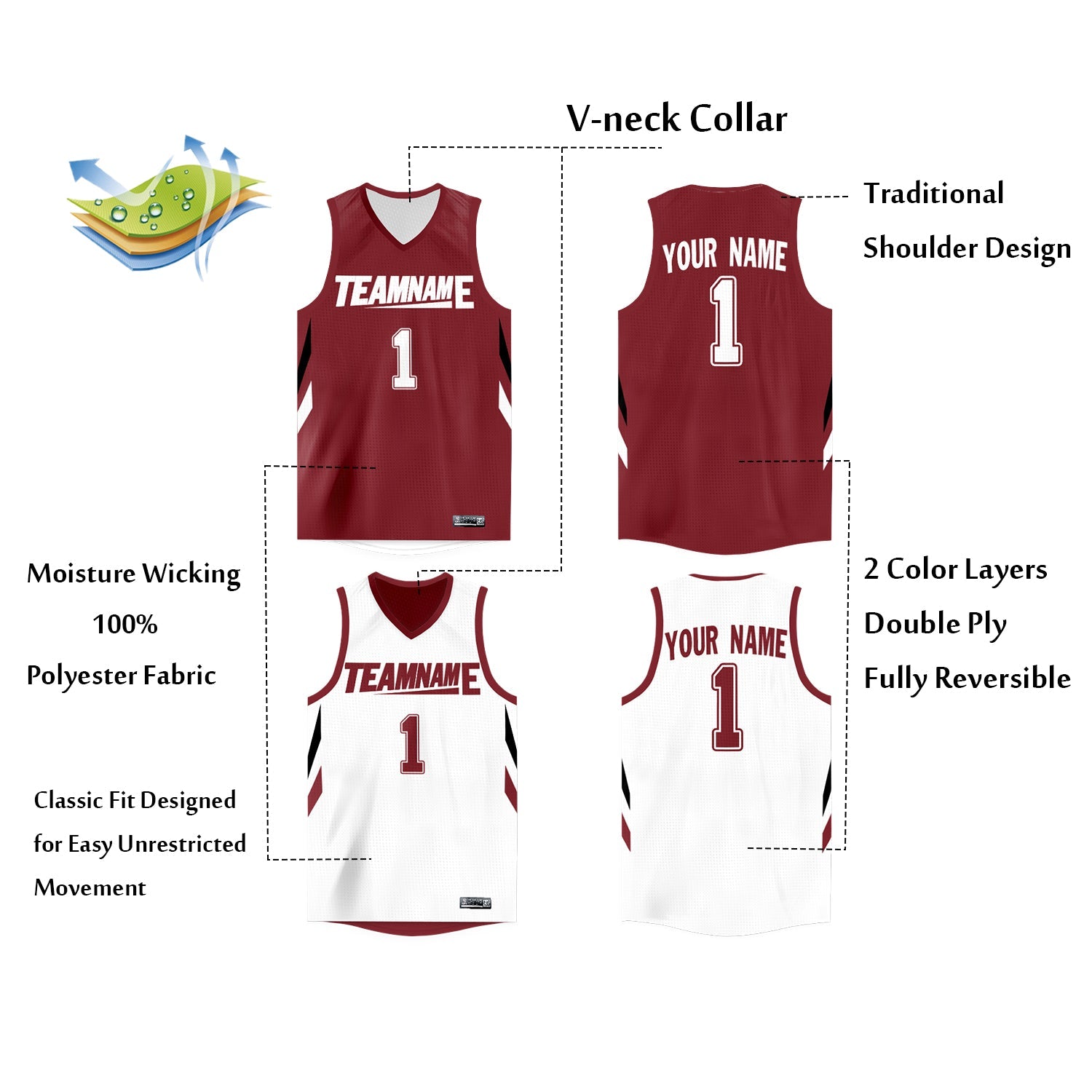 Custom Crimson White Double Side Tops Athletic Basketball Jersey