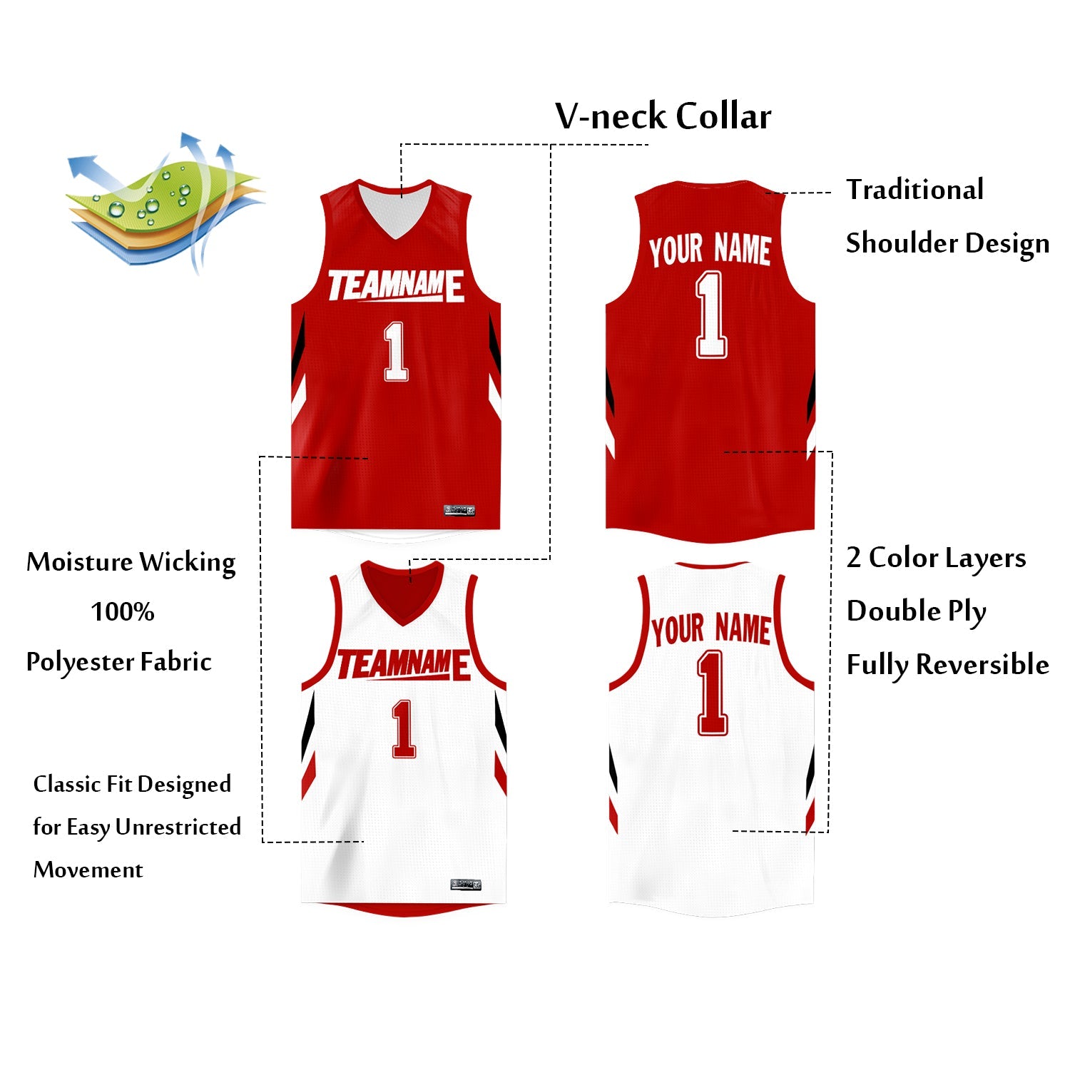 Custom Red White Double Side Tops Athletic Basketball Jersey