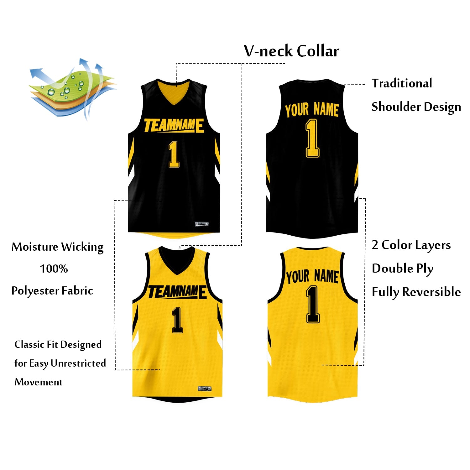 Custom Black Yellow Double Side Tops Athletic Basketball Jersey