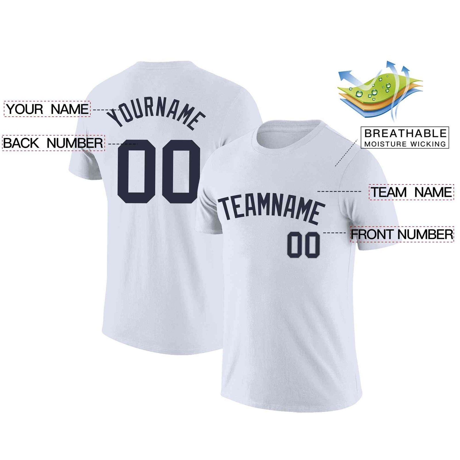 Custom White Navy Classic Style Crew neck T-Shirts Full Sublimated