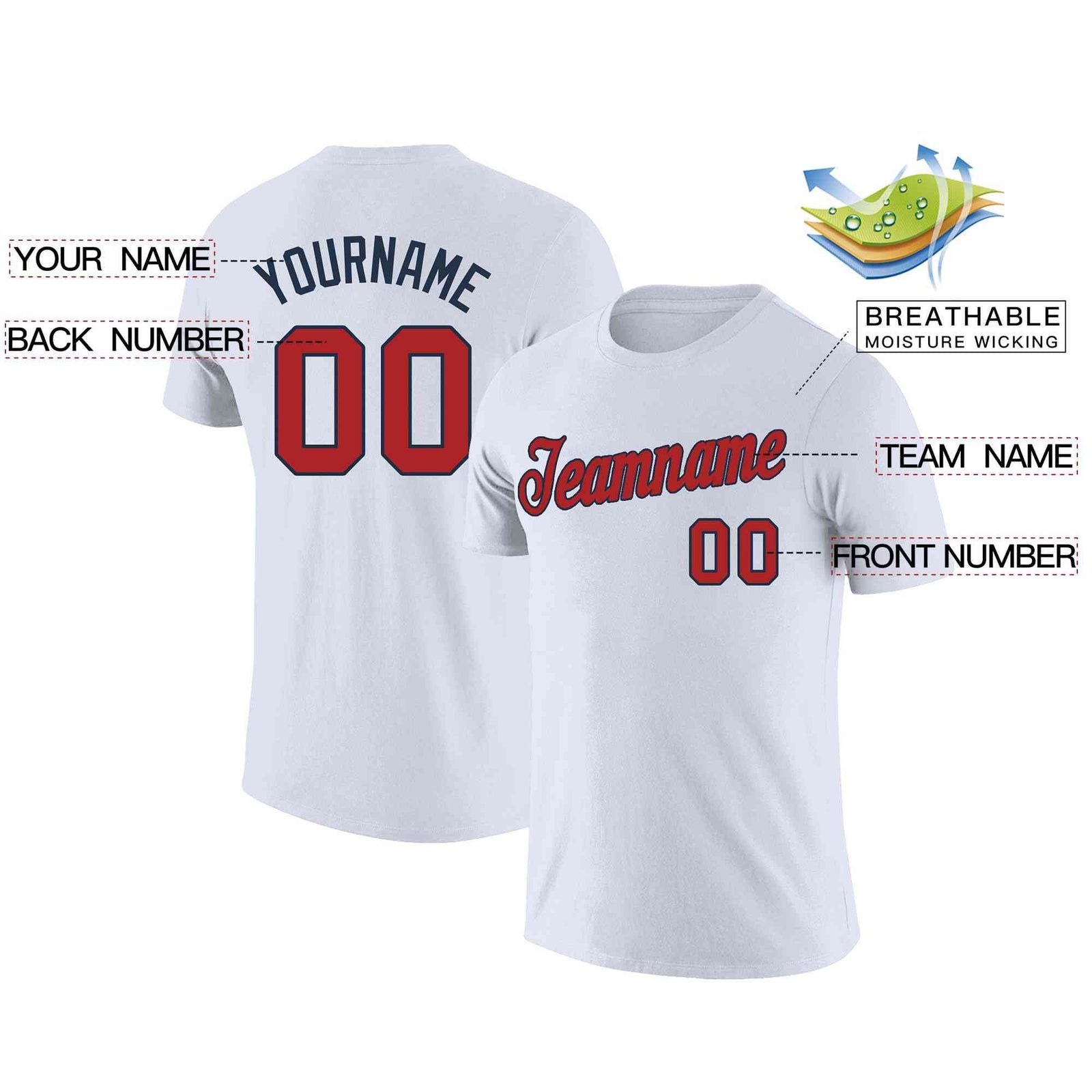 Custom White Red-Navy Classic Style Crew neck T-Shirts Full Sublimated