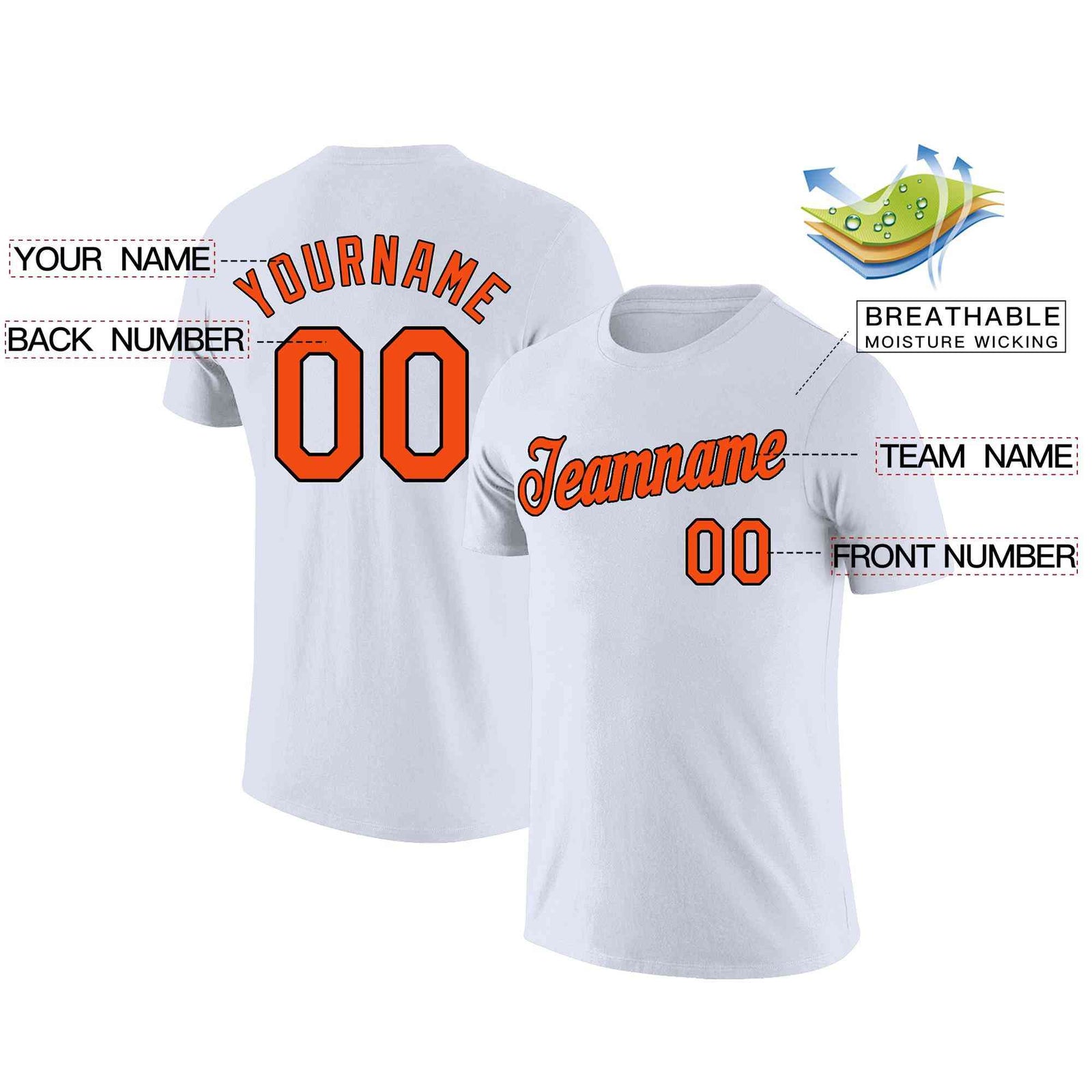 Custom White Orange-Black Classic Style Crew neck T-Shirts Full Sublimated