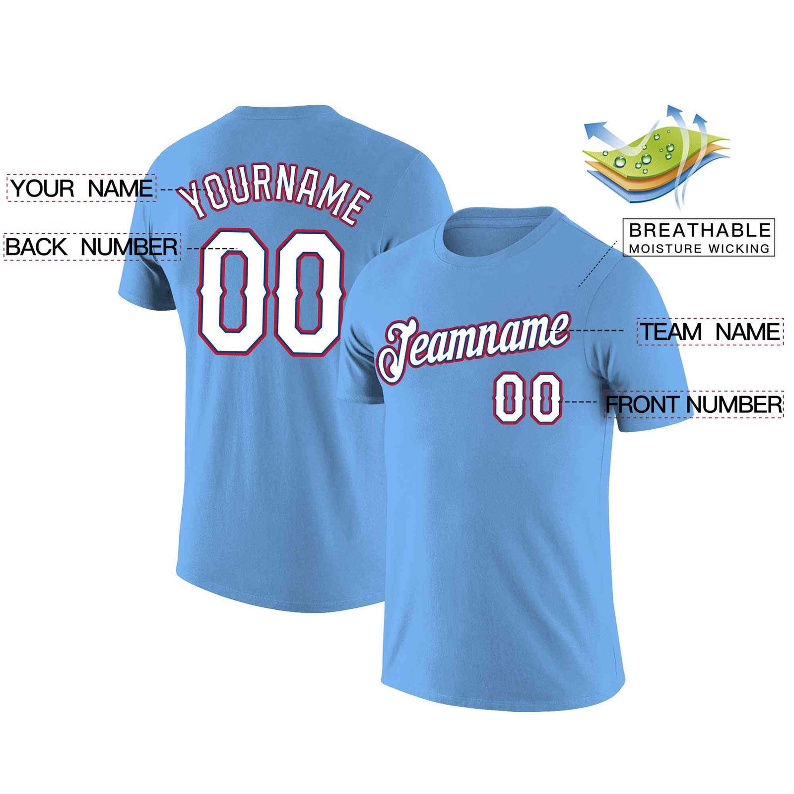 Custom Light Blue White-Navy Classic Style Crew neck T-Shirts Full Sublimated