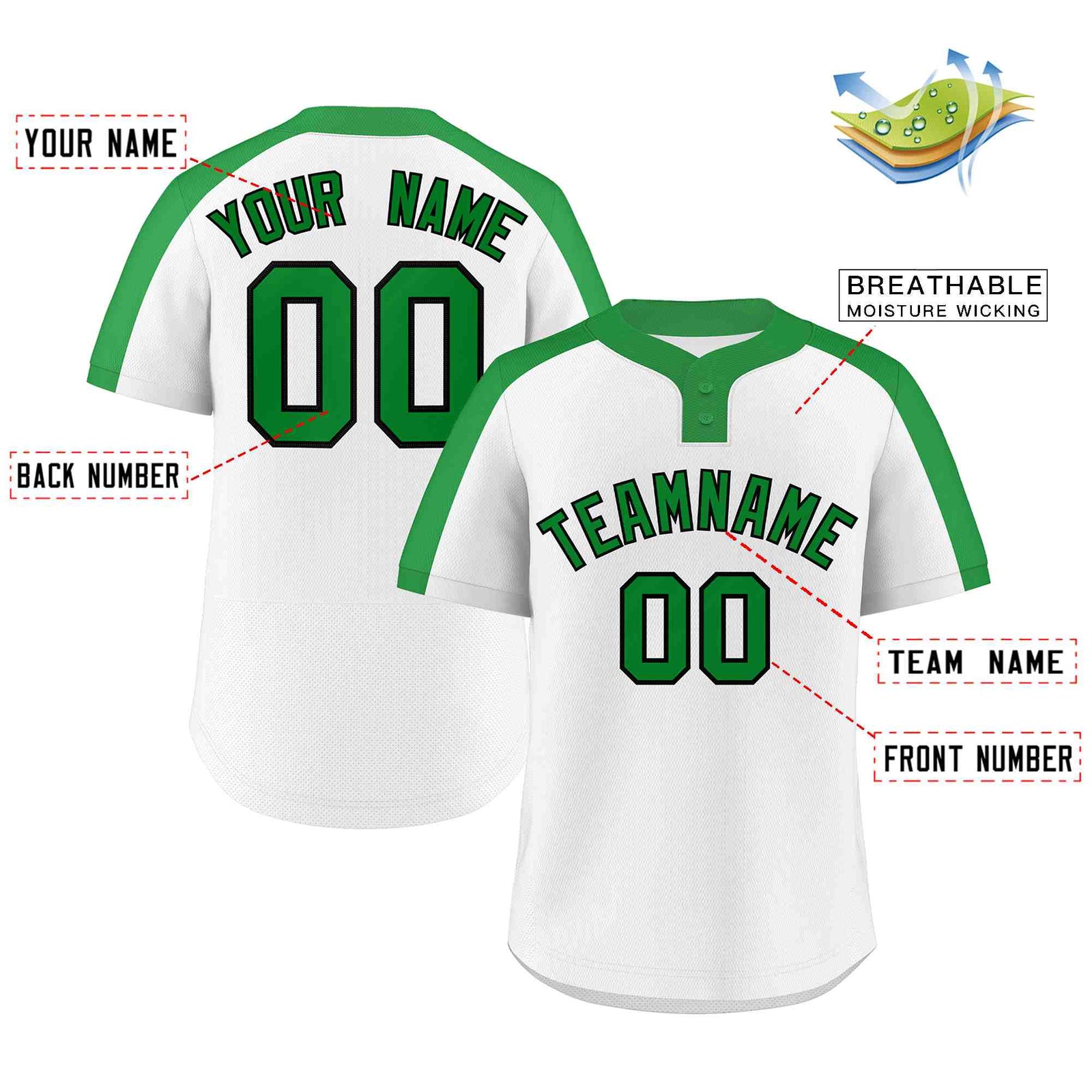 Custom White Kelly Green-Black Classic Style Authentic Two-Button Softball Jersey