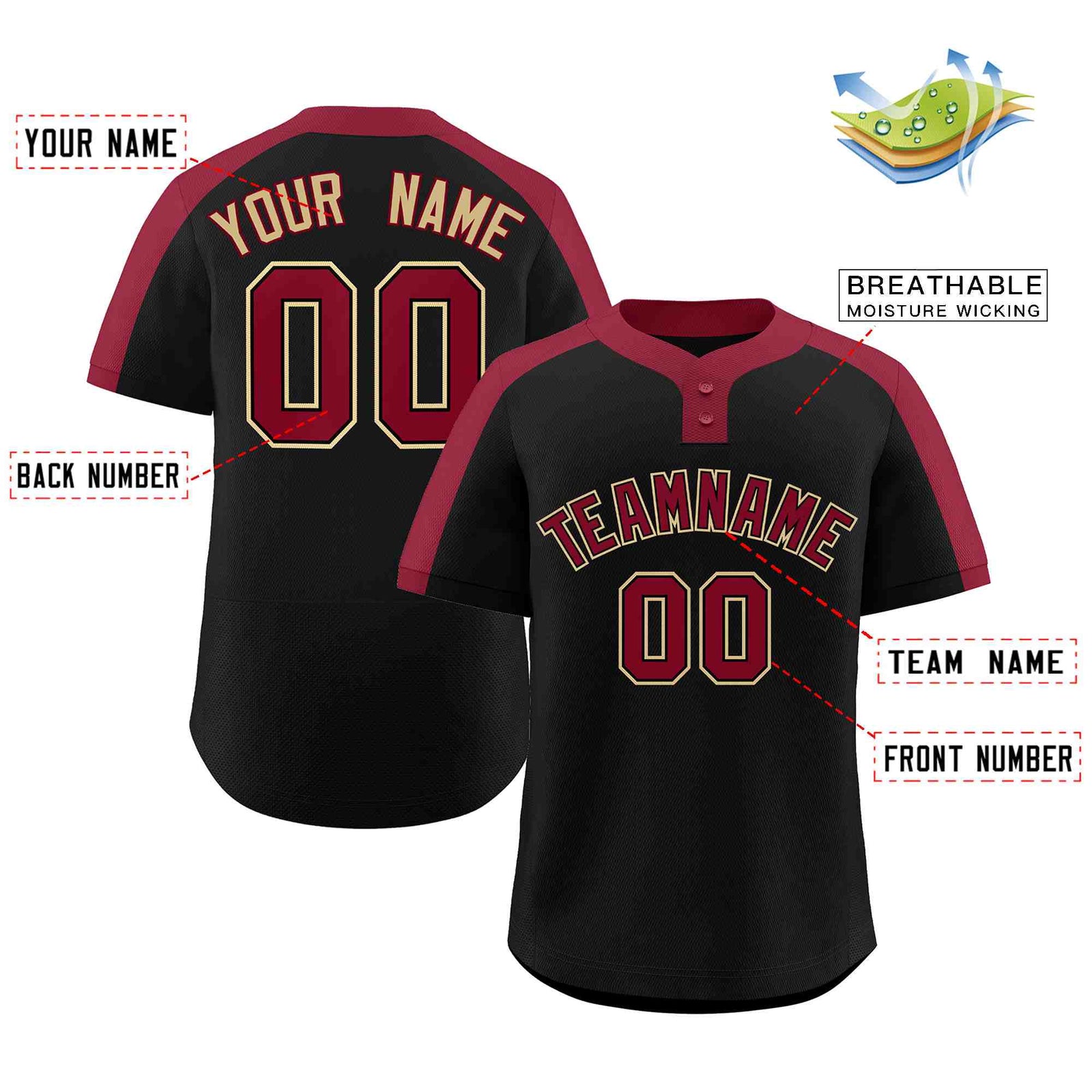 Custom Black Crimson-Black Classic Style Authentic Two-Button Softball Jersey