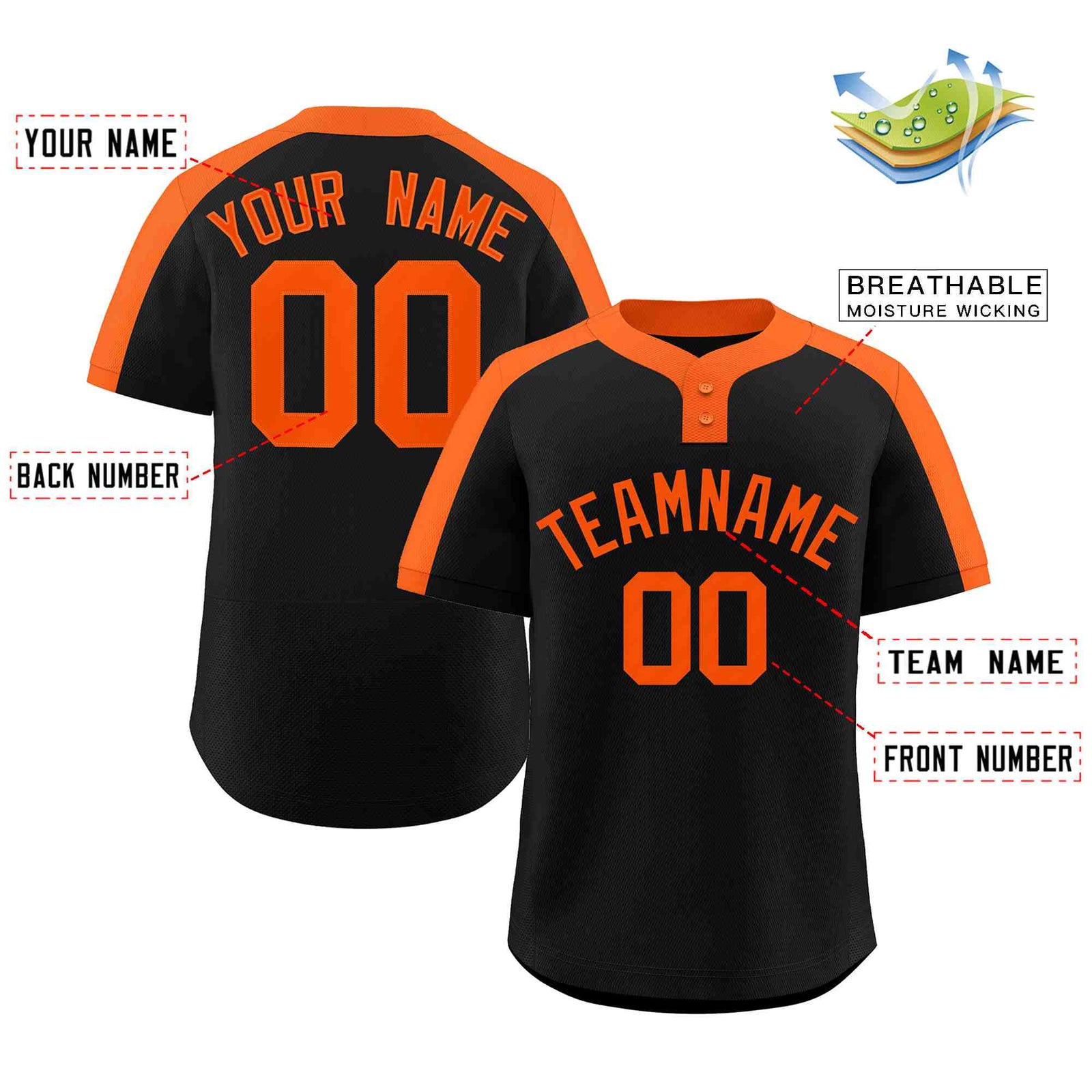Custom Black Orange Classic Style Authentic Two-Button Softball Jersey