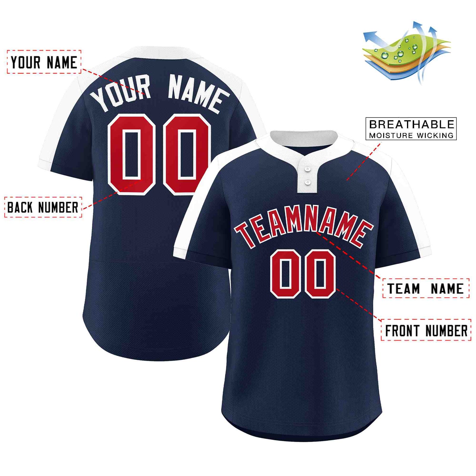 Custom Navy Red-White Classic Style Authentic Two-Button Softball Jersey