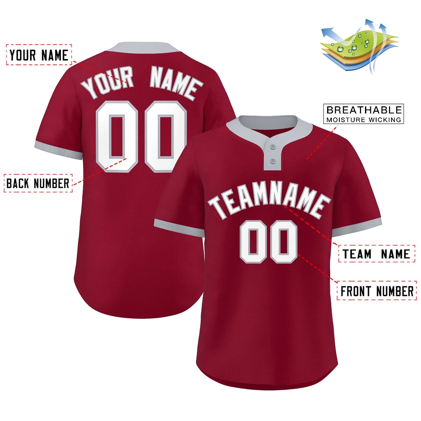 Custom Crimson White-Gray Classic Style Authentic Two-Button Softball Jersey