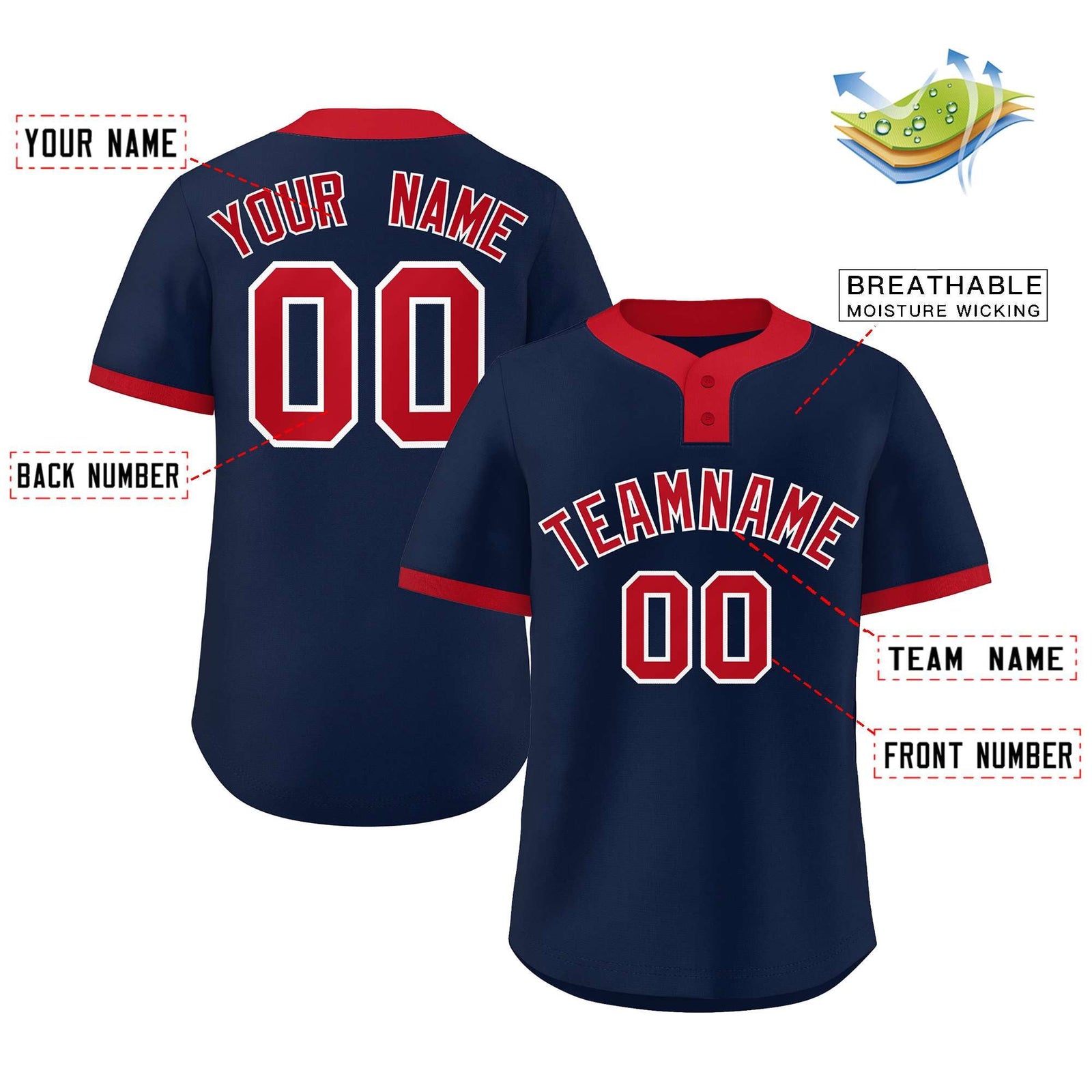 Custom Navy Red Classic Style Authentic Two-Button Softball Jersey