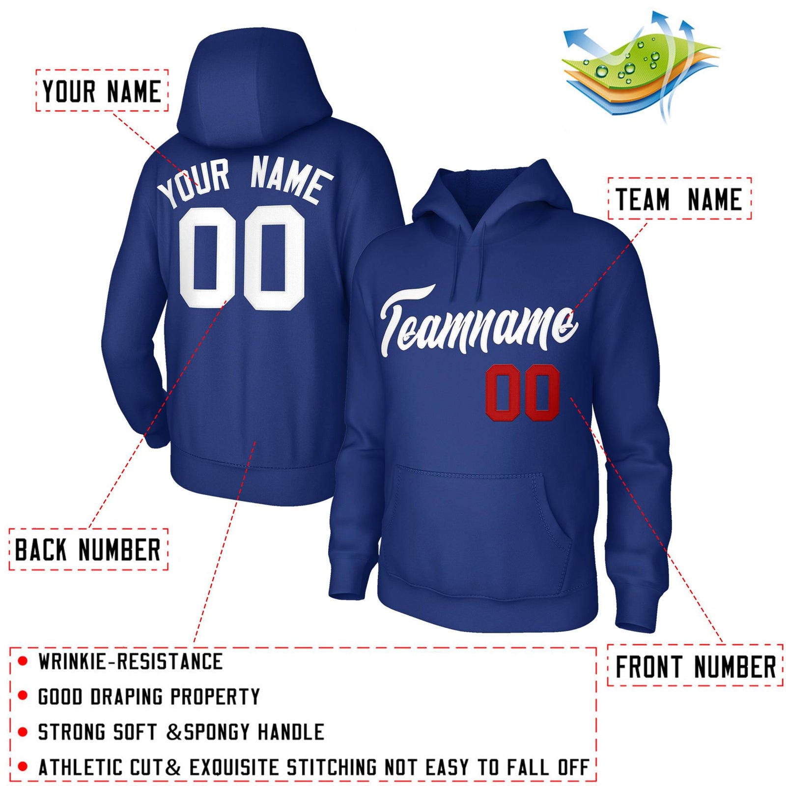 Custom Stitched Royal White Classic Style Sweatshirt Pullover Hoodie