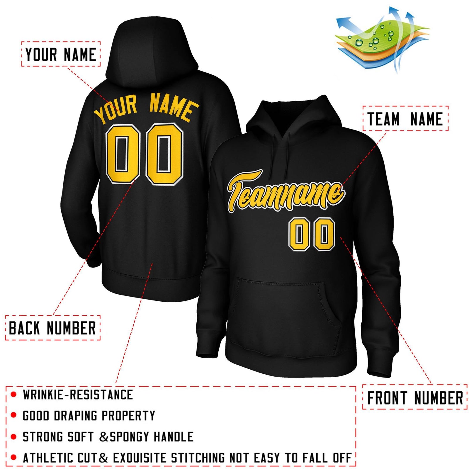 Custom Stitched Black Yellow-White Classic Style Sweatshirt Pullover Hoodie