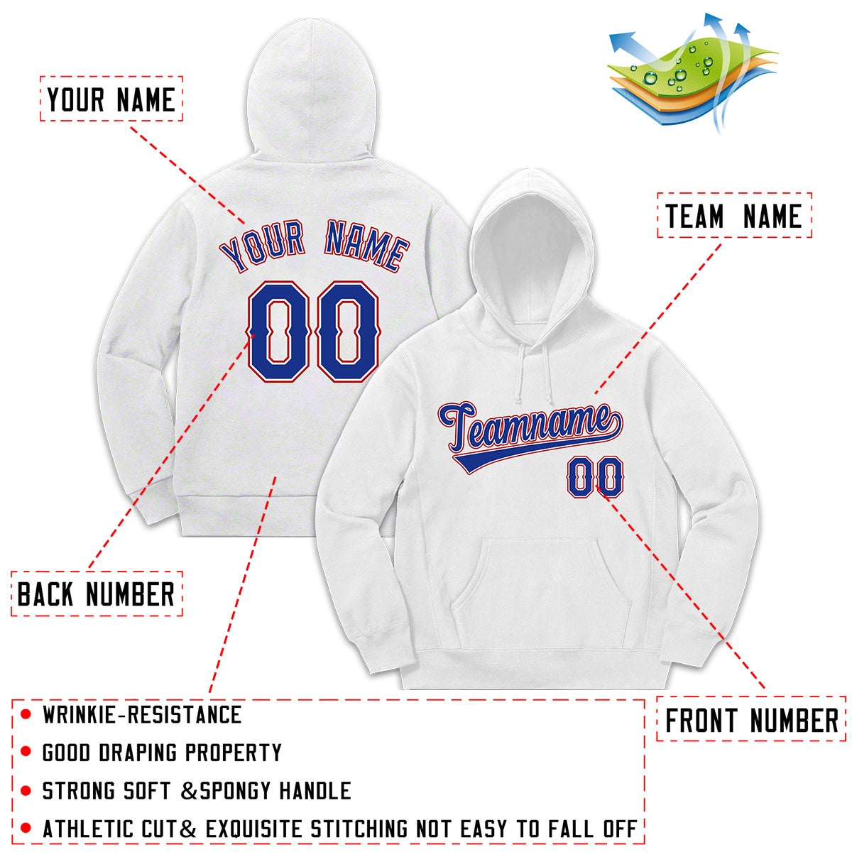 Custom White Navy-Red Sports Classic Style Hoodie Pullover Fashion Uniform