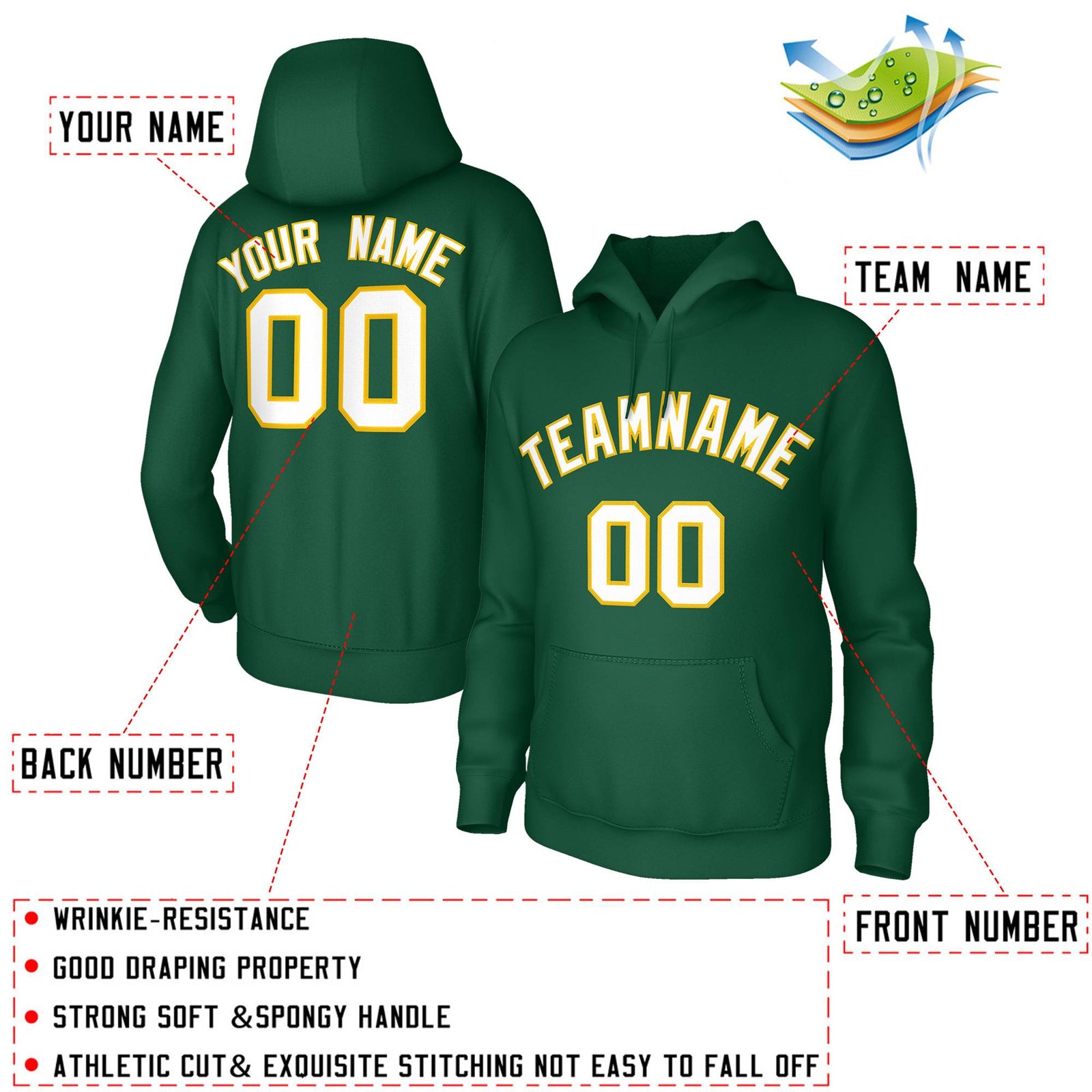 Custom Stitched Green White-Yellow Classic Style Sweatshirt Pullover Hoodie