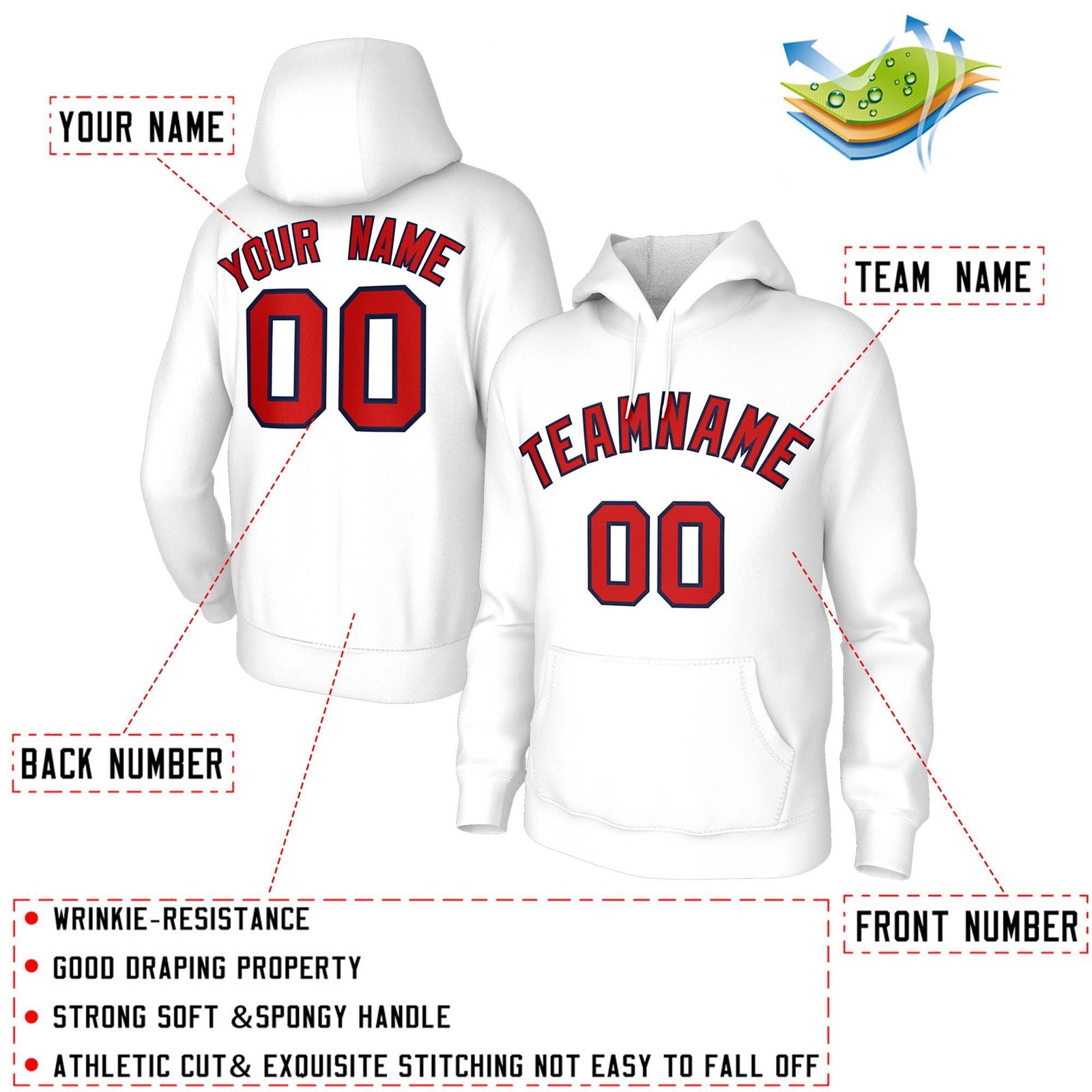 Custom Stitched White Red-Navy Classic Style Hoodie Training Uniform