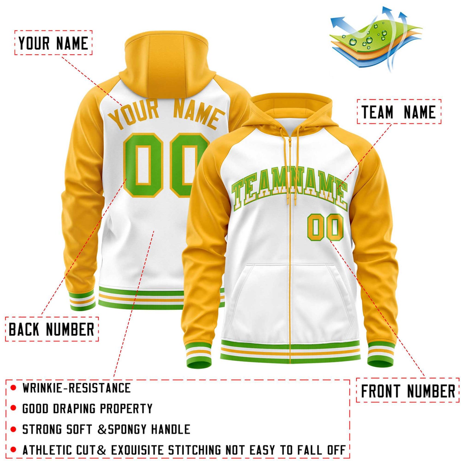Custom Stitched White Yellow Raglan Sleeves Sports Full-Zip Sweatshirt Hoodie
