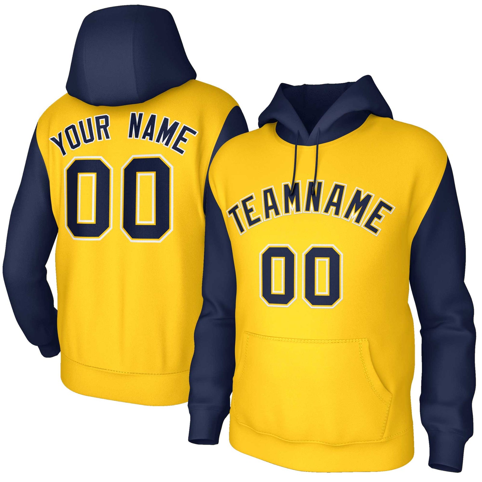 Custom Gold Navy-Gold Raglan Sleeves Stitched Sportwear Pullover Hoodie