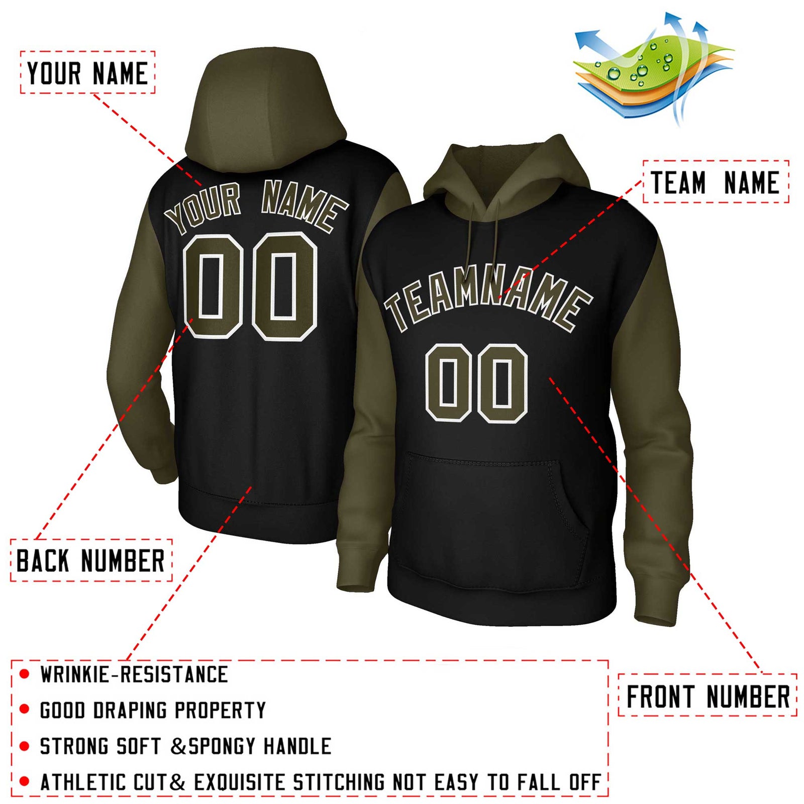 Custom Black Green-White Raglan Sleeves Stitched Sportwear Pullover Hoodie
