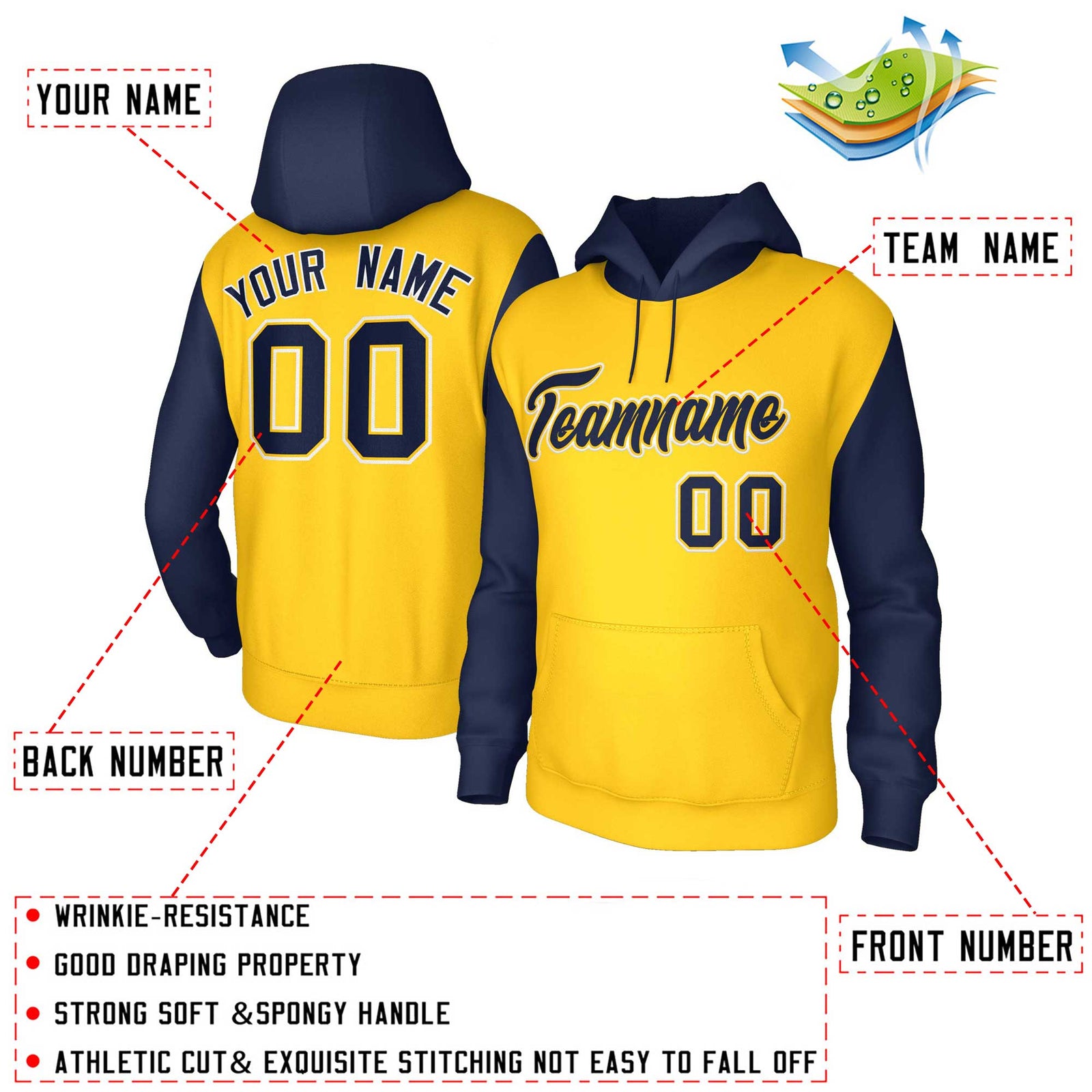 Custom Gold Navy-Gold Raglan Sleeves Stitched Sportwear Pullover Hoodie