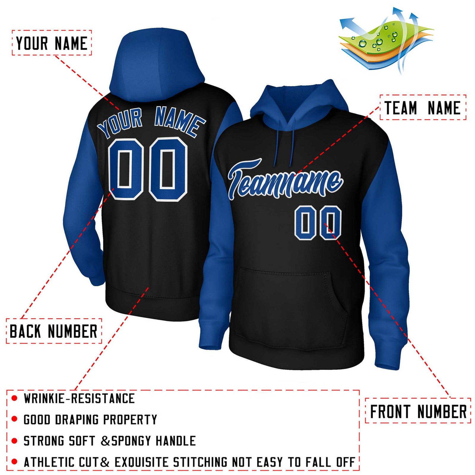 Custom Black Royal-White Raglan Sleeves Stitched Sportwear Pullover Hoodie