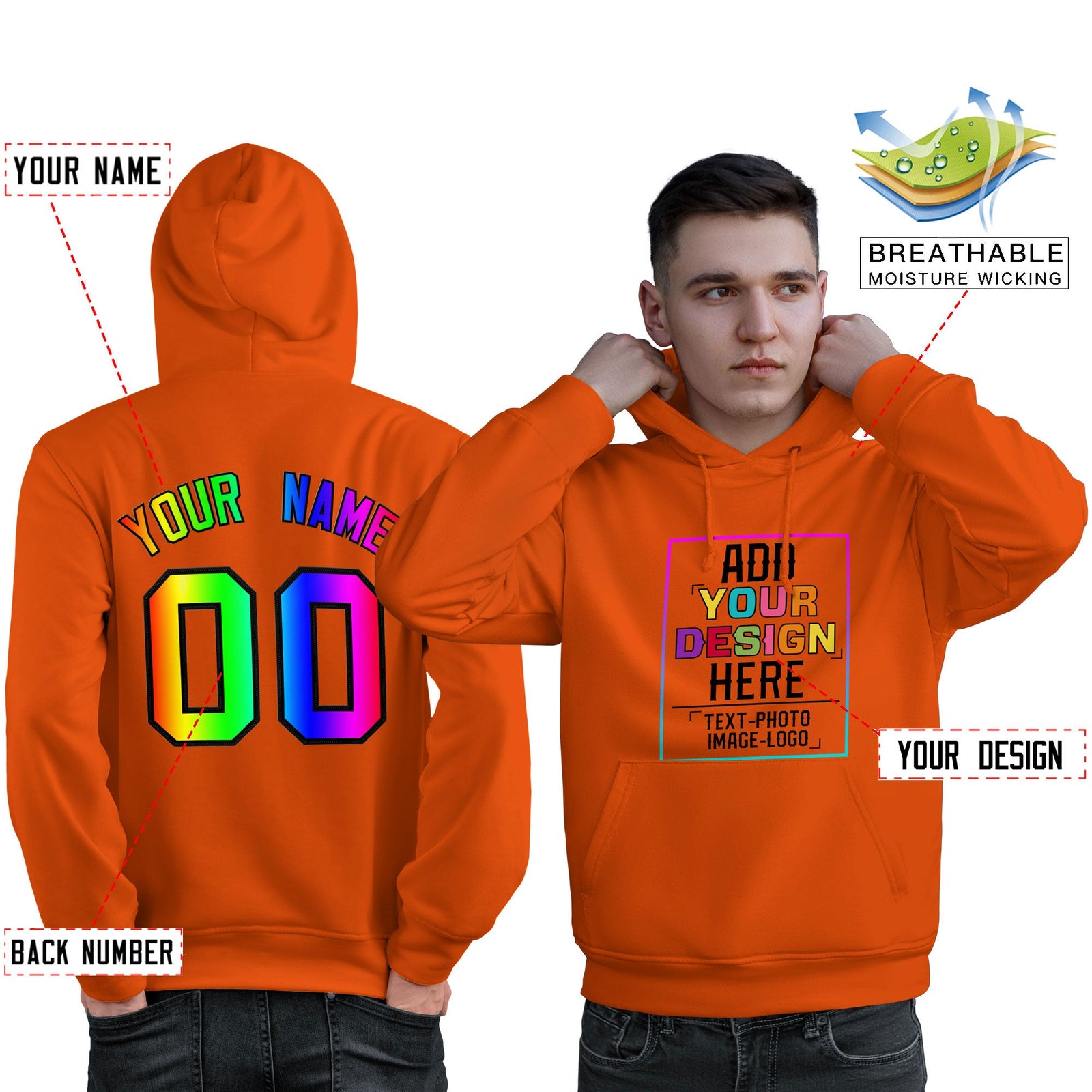 Custom Orange Personalized Rainbow Color Font Team Pullover Sweatshirt Hoodie