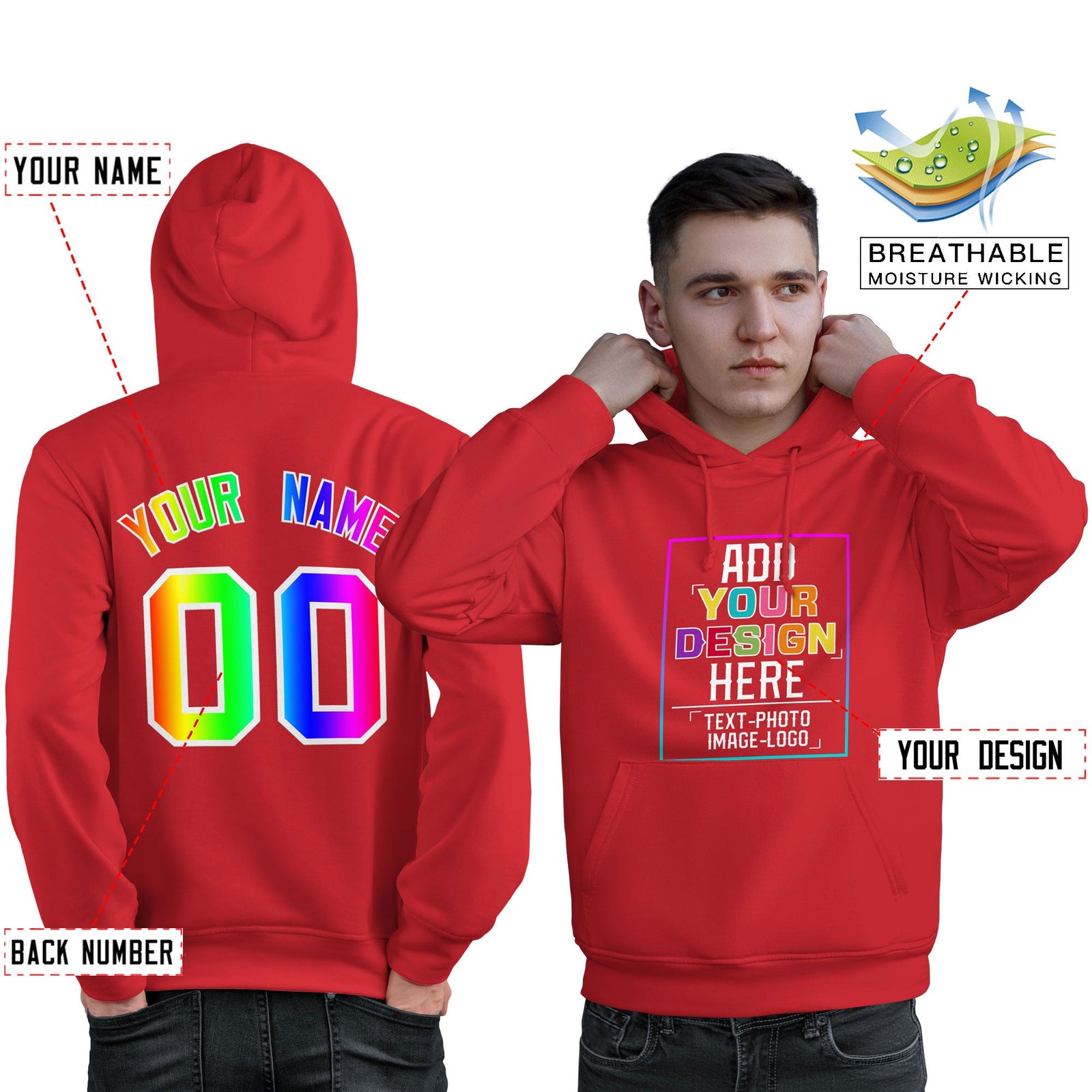 Custom Light Red Personalized Rainbow Color Font Team Pullover Sweatshirt Hoodie