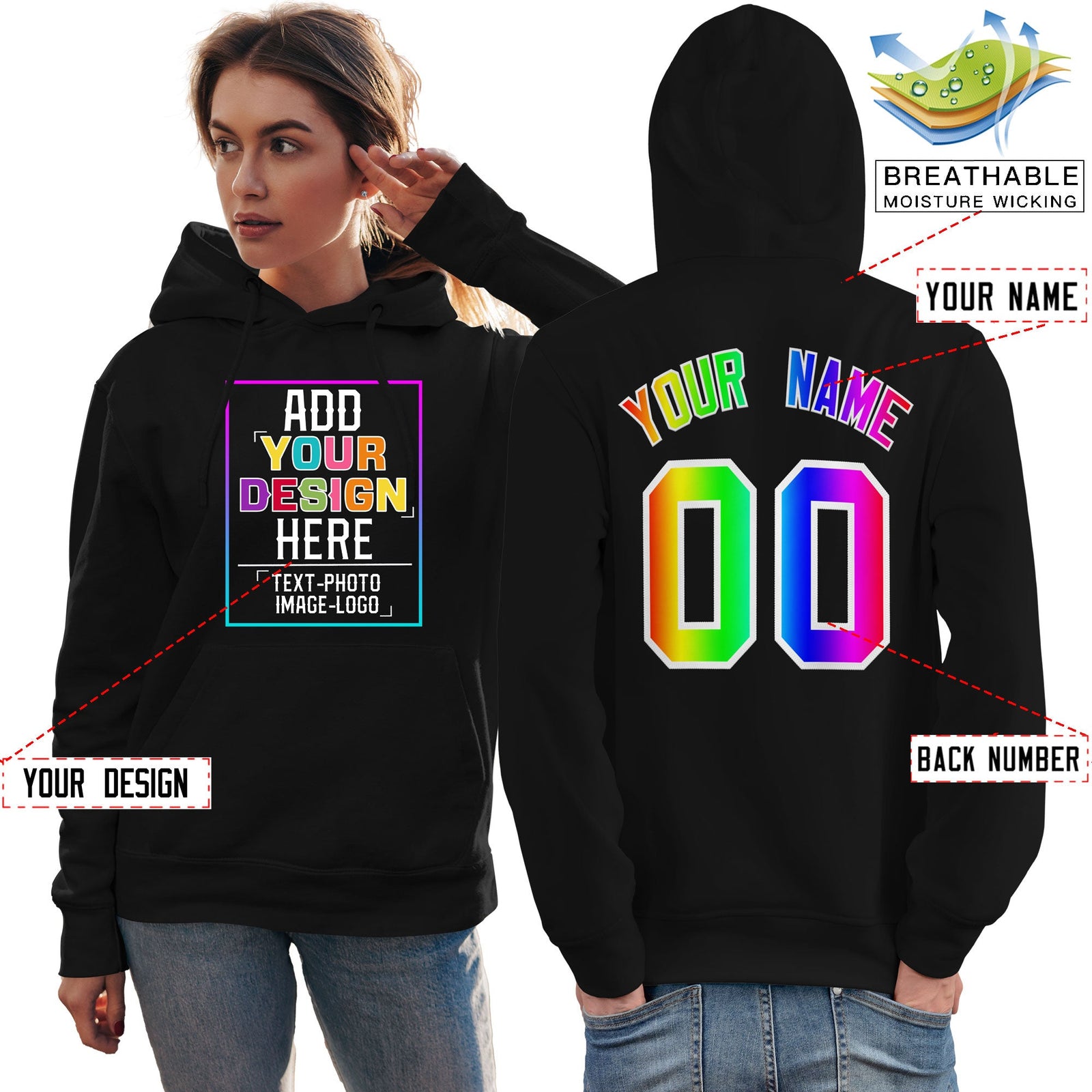 Custom Black Personalized Rainbow Color Font Team Pullover Sweatshirt Hoodie