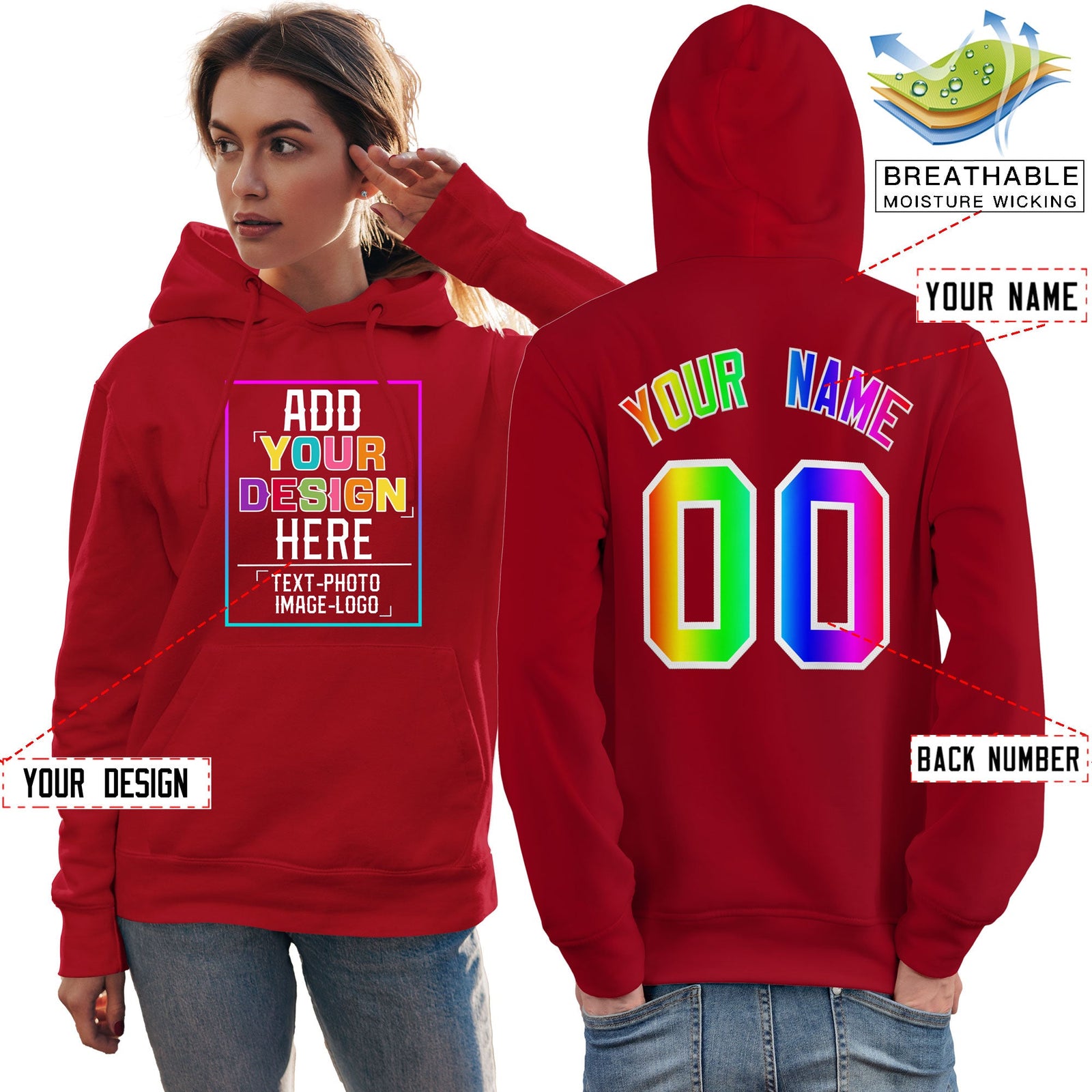 Custom Red Personalized Rainbow Color Font Team Pullover Sweatshirt Hoodie