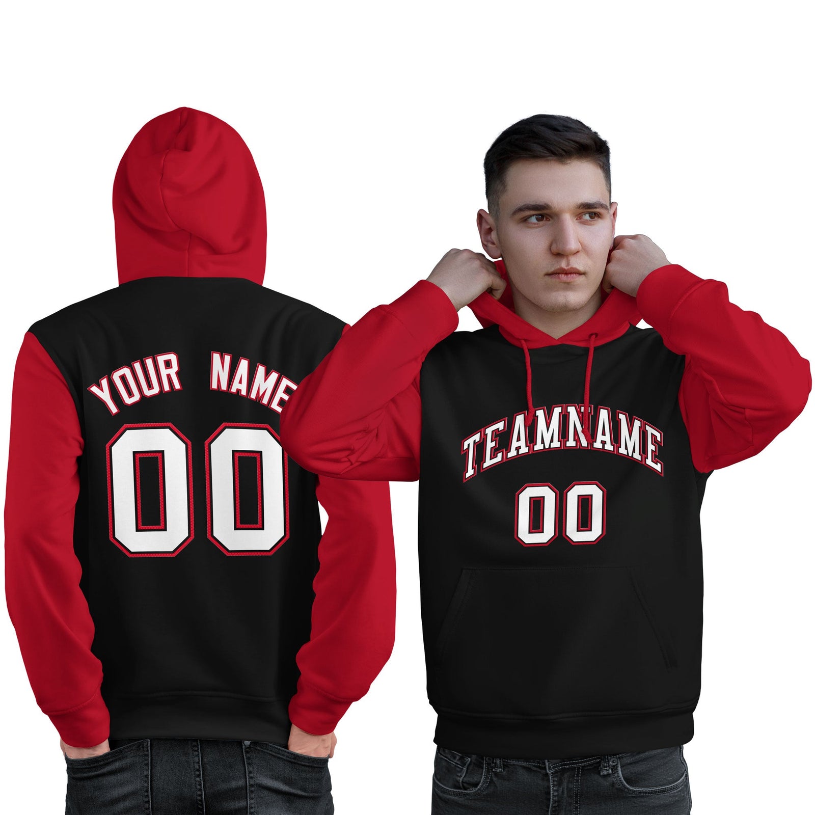 Custom Black White-Red Raglan Sleeves Pullover Personalized Sweatshirt Hoodie
