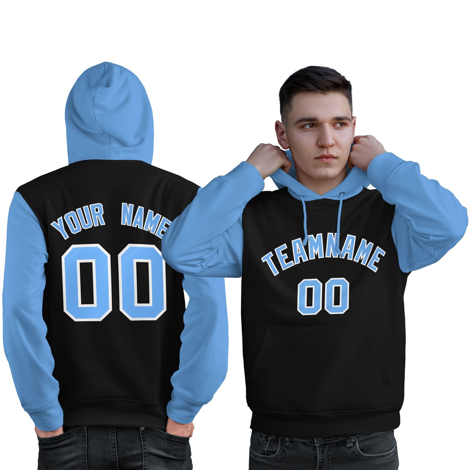 Custom Black Light Blue-White Raglan Sleeves Pullover Personalized Sweatshirt Hoodie