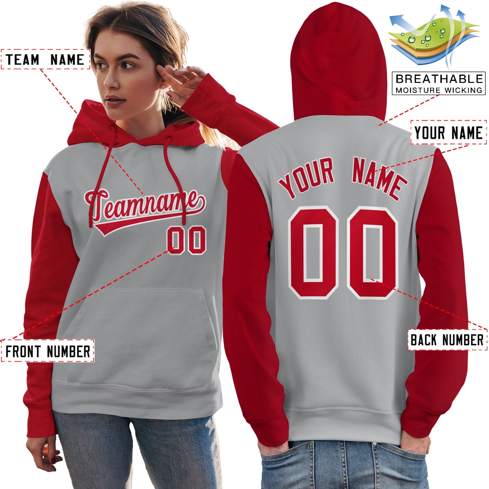 Custom Gray Red-White Raglan Sleeves Pullover Personalized Team Sweatshirt Hoodie