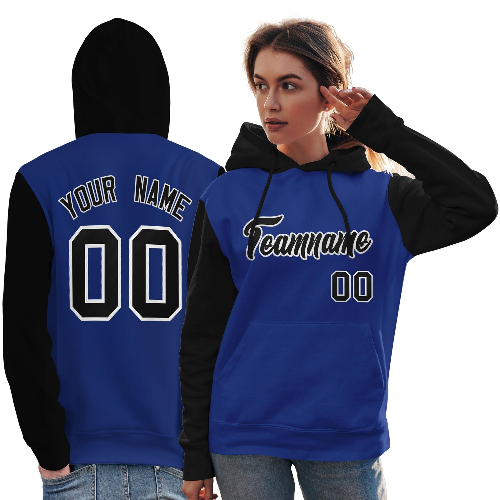 Custom Royal Black-White Raglan Sleeves Pullover Personalized Team Sweatshirt Hoodie