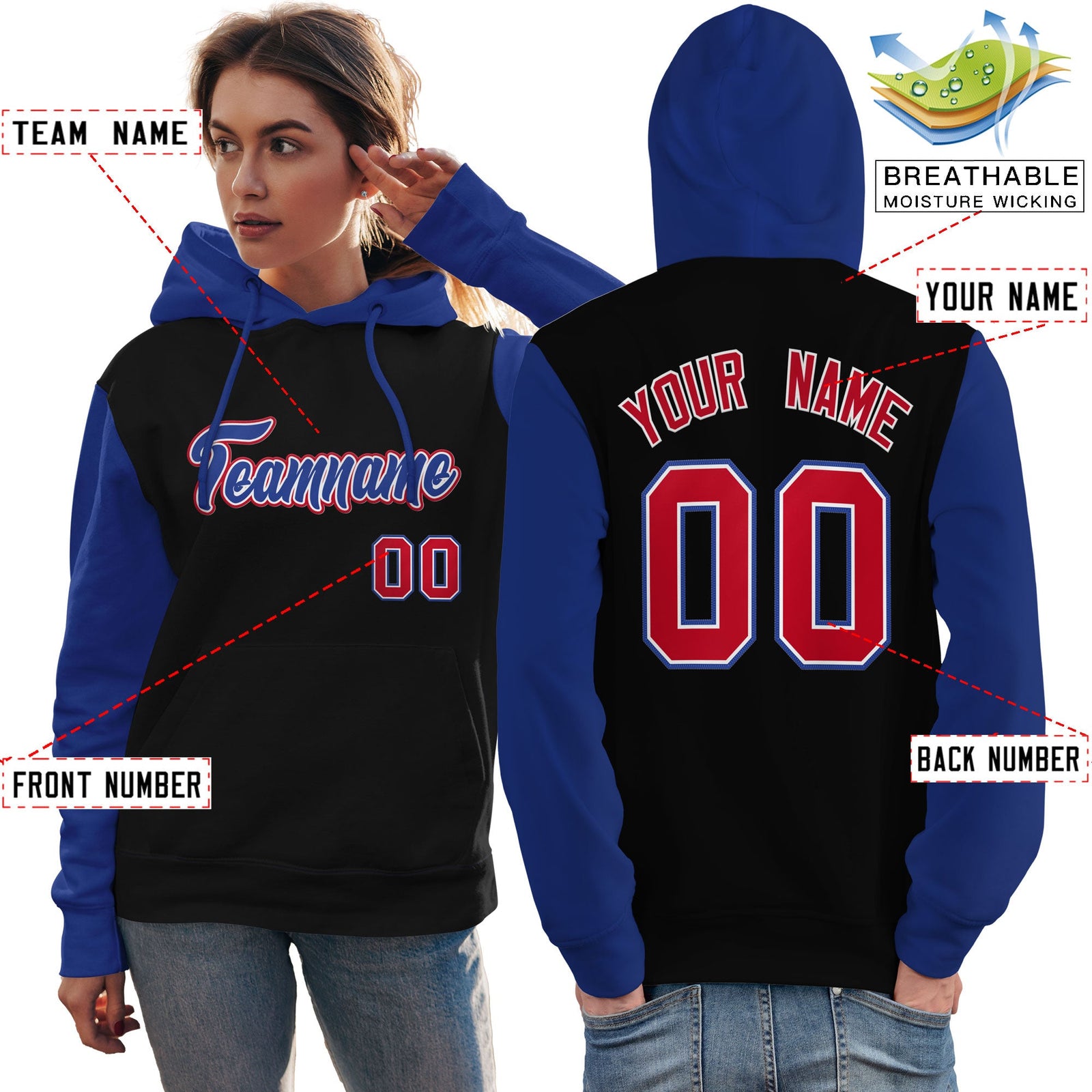 Custom Black Royal-Red Raglan Sleeves Pullover Personalized Team Sweatshirt Hoodie