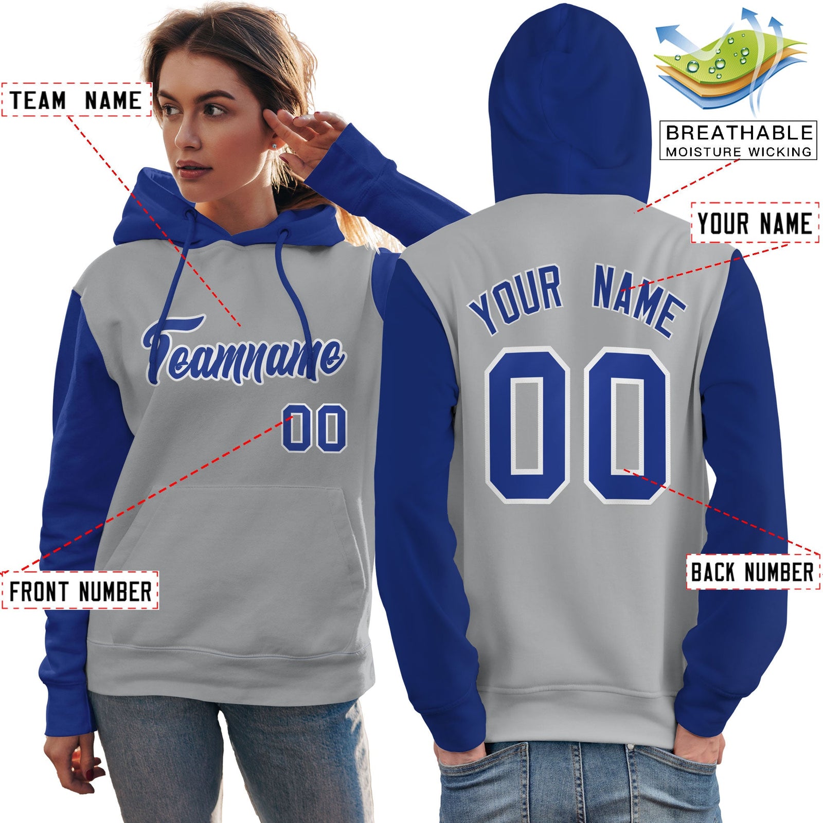 Custom Gray Royal-White Raglan Sleeves Pullover Personalized Team Sweatshirt Hoodie