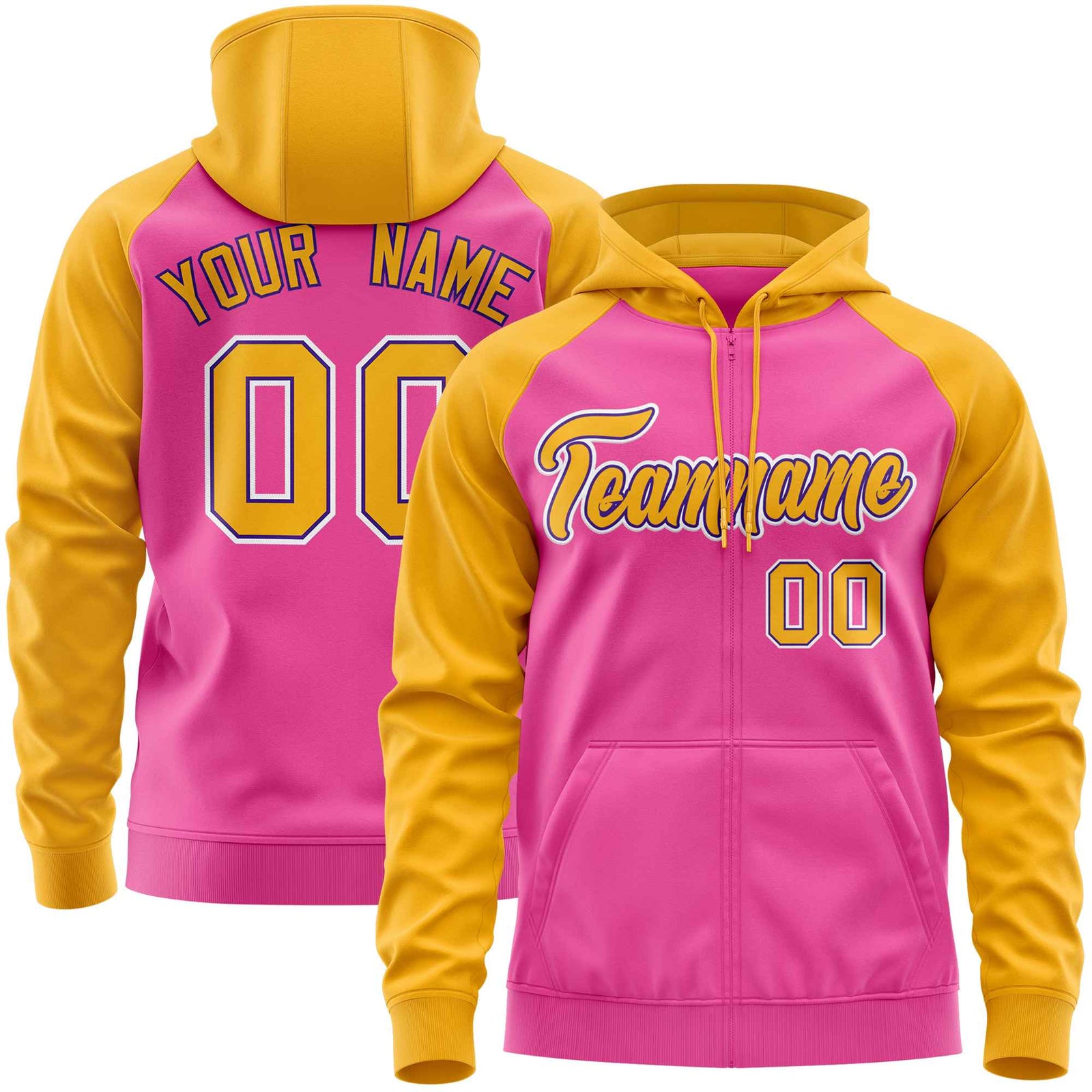 Custom Stitched Pink Gold Raglan Sleeves Sports Full-Zip Sweatshirt Hoodie