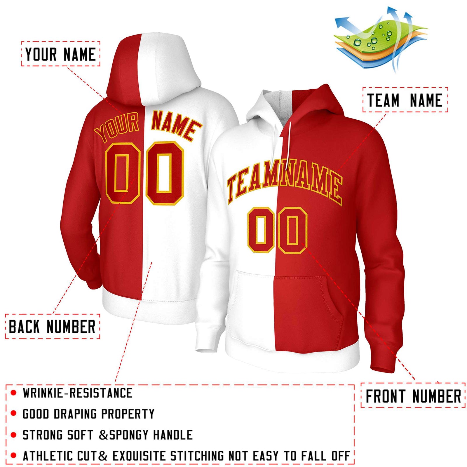 Custom White Red Red-Gold Split Fashion Stitched Sportwear Pullover Hoodie