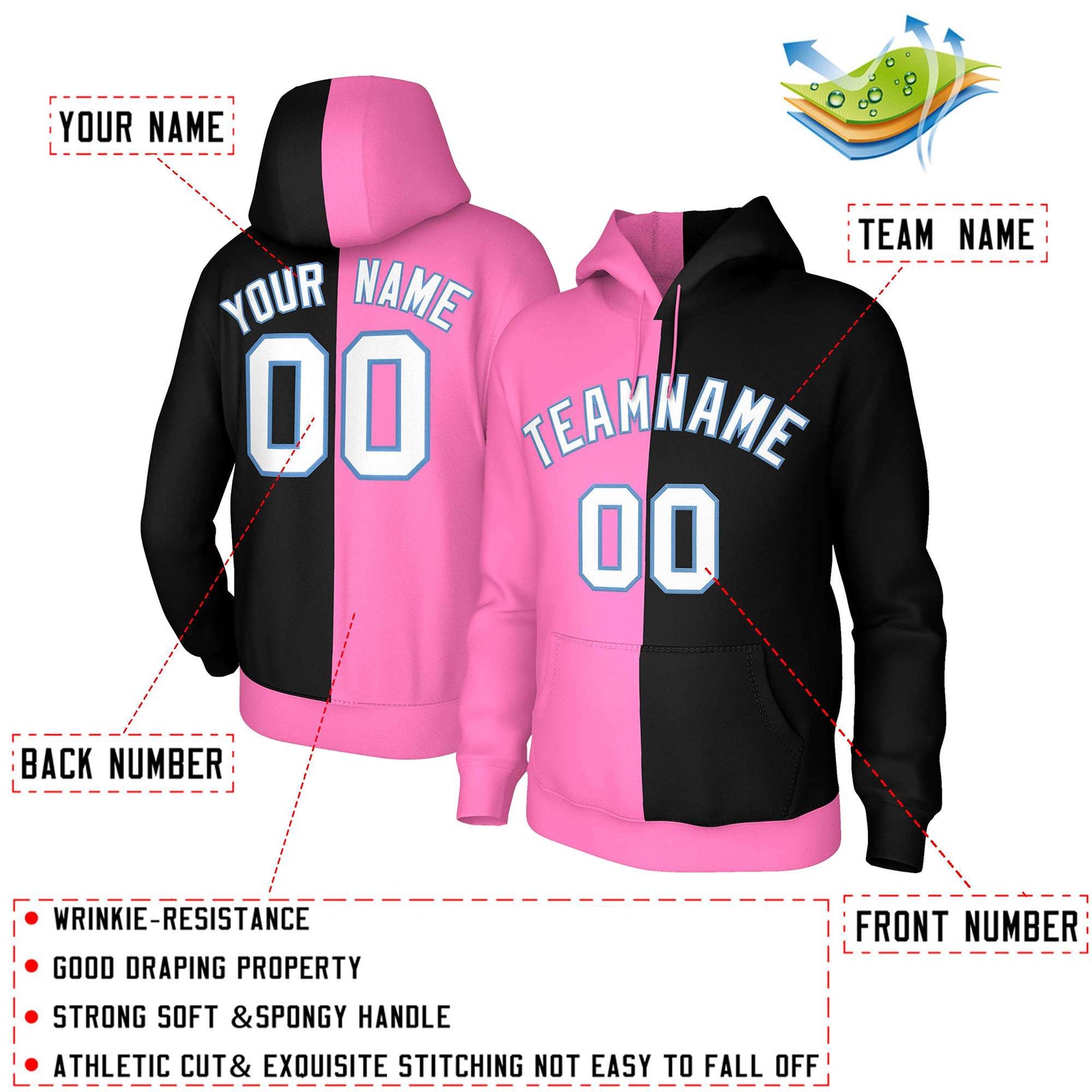 Custom Pink Black White-Light Blue Split Fashion Stitched Sportwear Pullover Hoodie