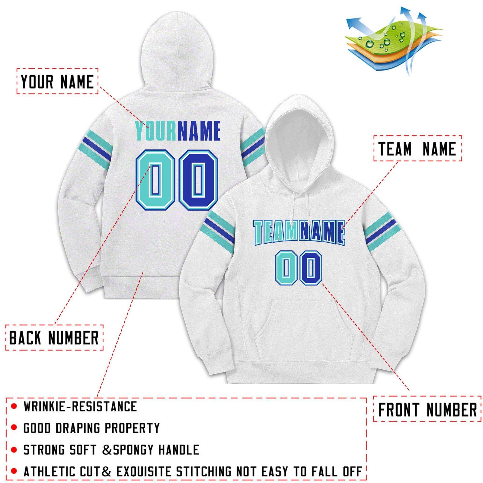 Custom Stitched White Aqua-Royal Cotton Pullover Sweatshirt Hoodie